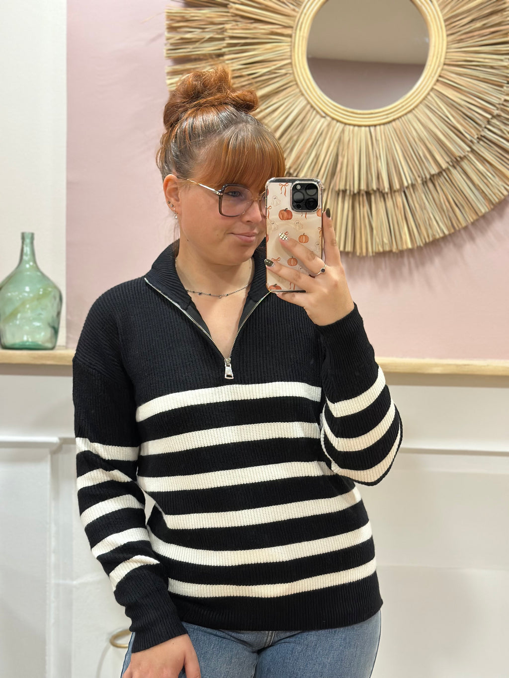 Pull camionneur noir à rayures blanches avec fermeture zippée argentée – Rosydays – Miss Caprice