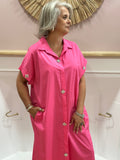 Robe chemise longue rose fuchsia femme en coton avec poches et détails bijoux – Estée Made in Italy – Miss Caprice