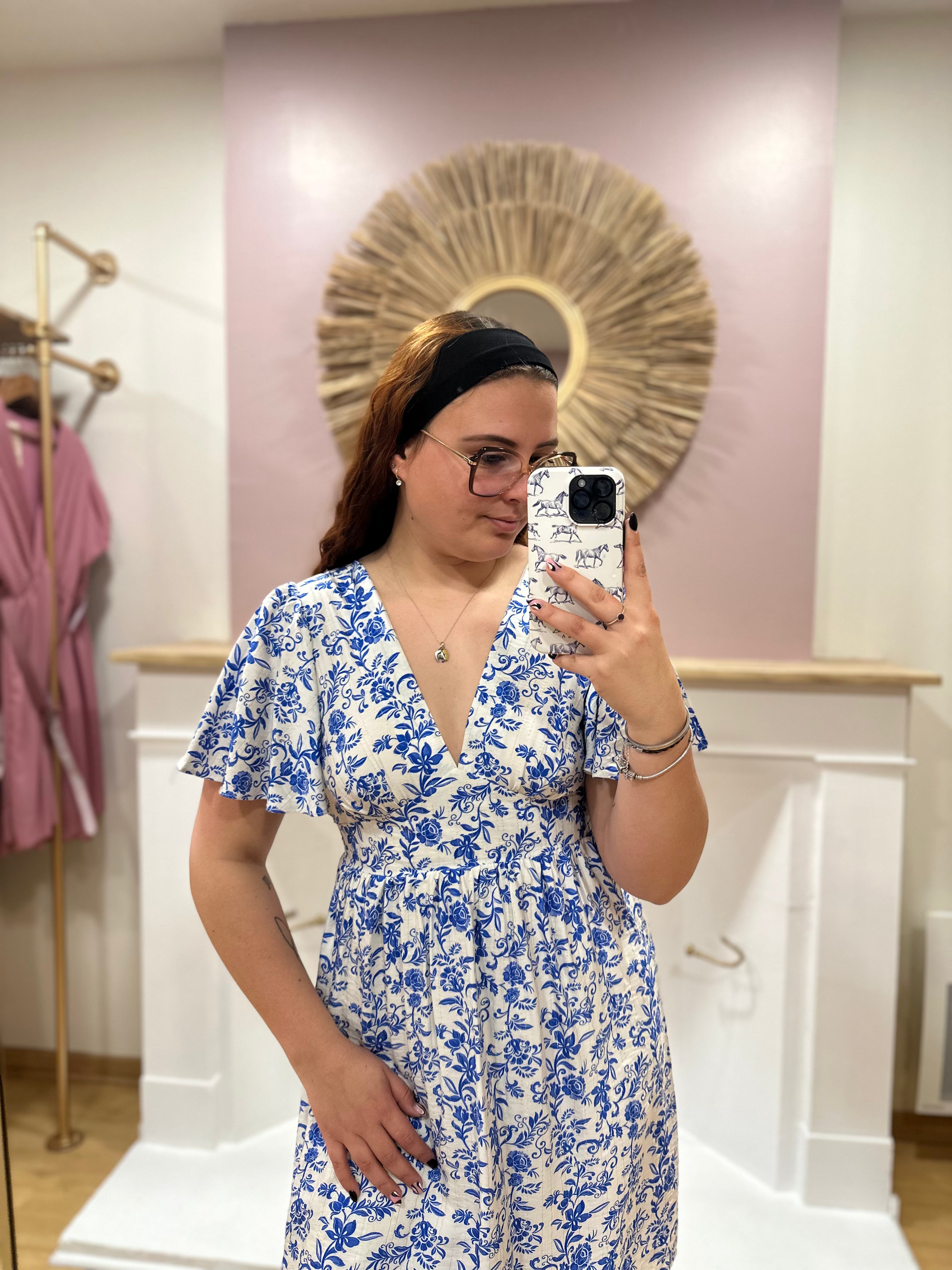 Robe courte blanche et bleue fleurie femme – Col V – In April 1986 – Miss Caprice