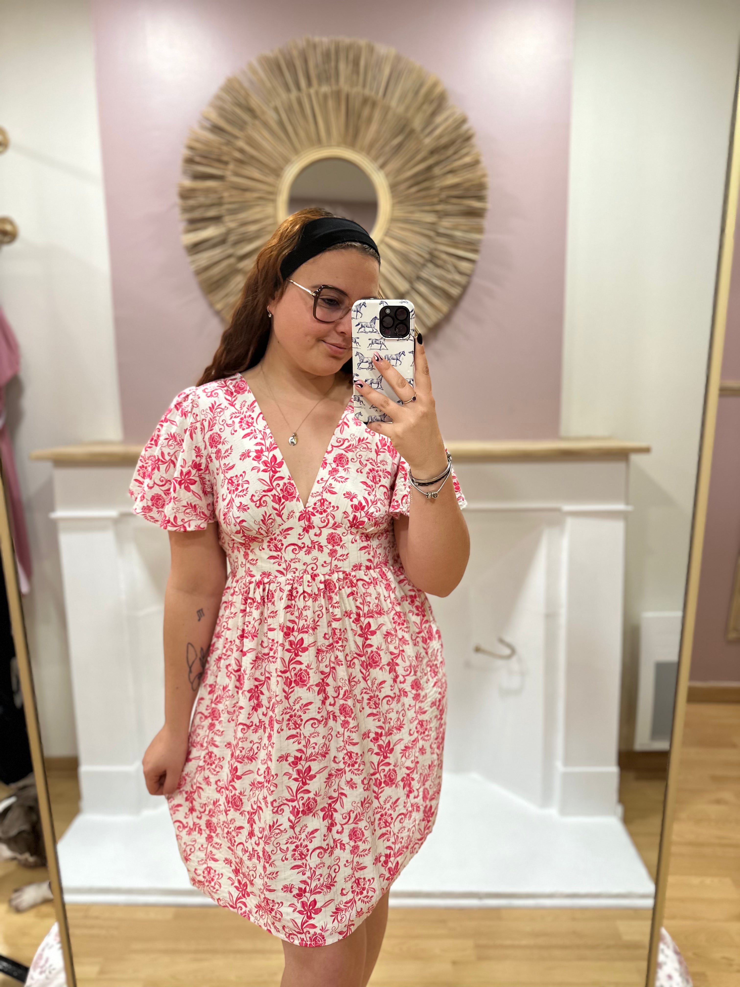 Robe courte blanche et rose fleurie femme – Col V – In April 1986 – Miss Caprice