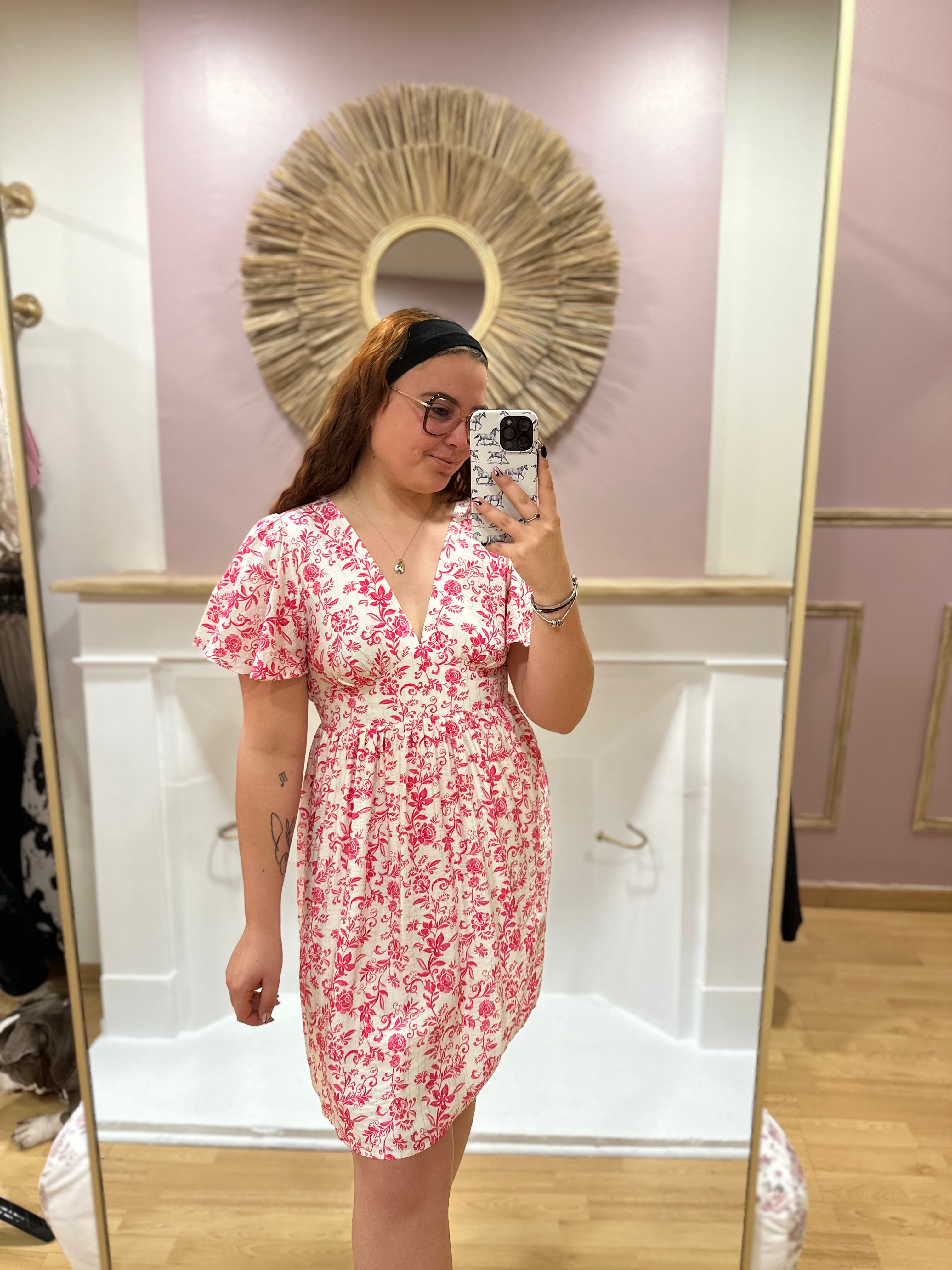 Robe courte blanche et rose fleurie femme – Col V – In April 1986 – Miss Caprice