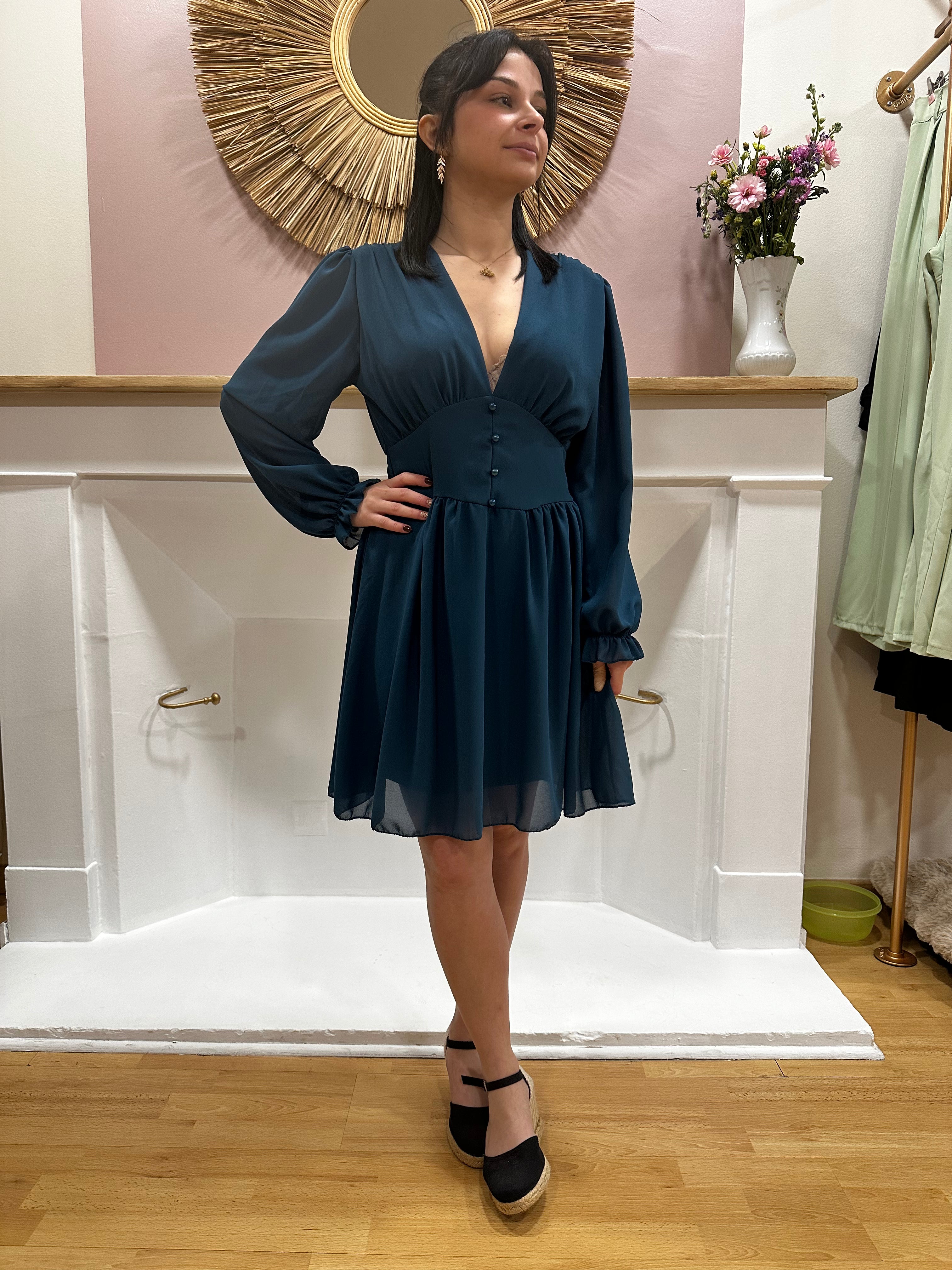 Robe fluide bleu foncé femme – Col V – Ceinture intégrée – Coupe légère – Elle Style – Miss Caprice