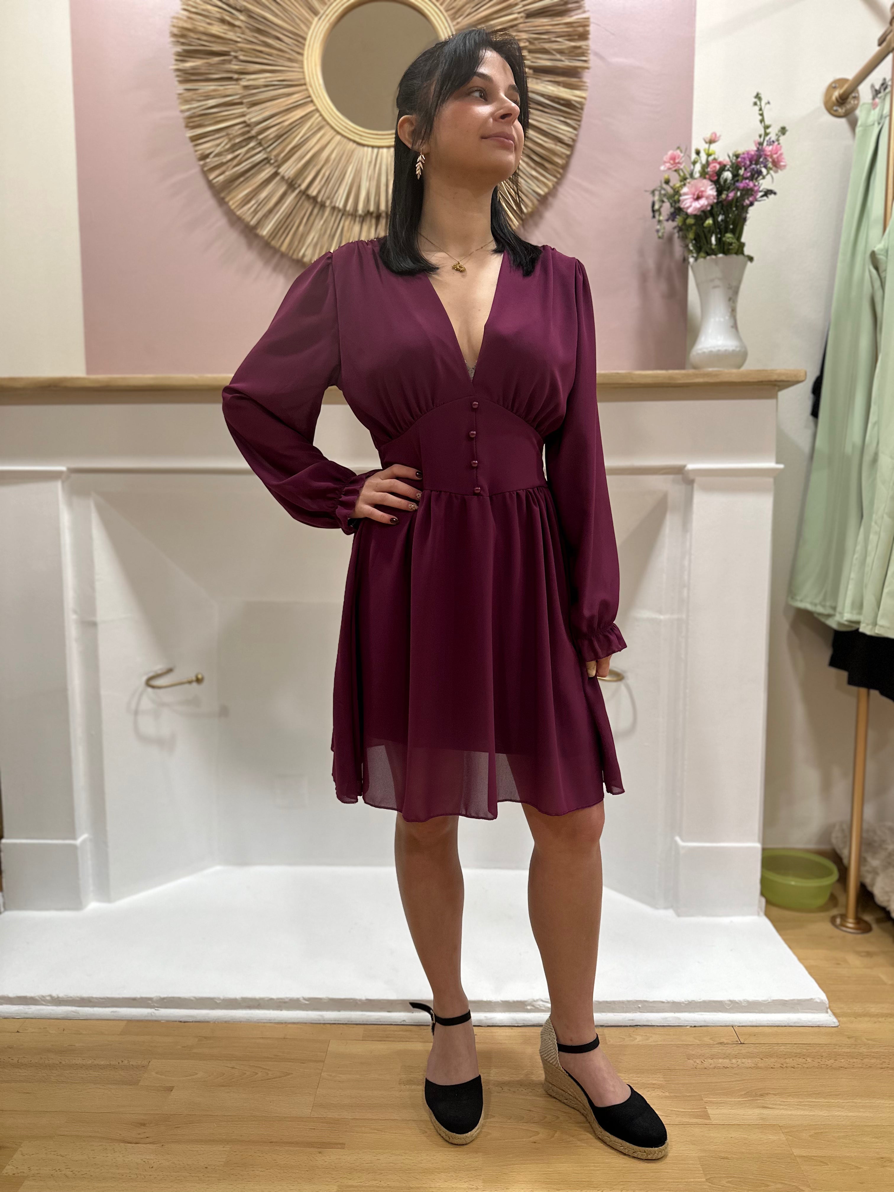 Robe fluide mauve femme – Col V – Ceinture intégrée – Coupe légère – Elle Style – Miss Caprice