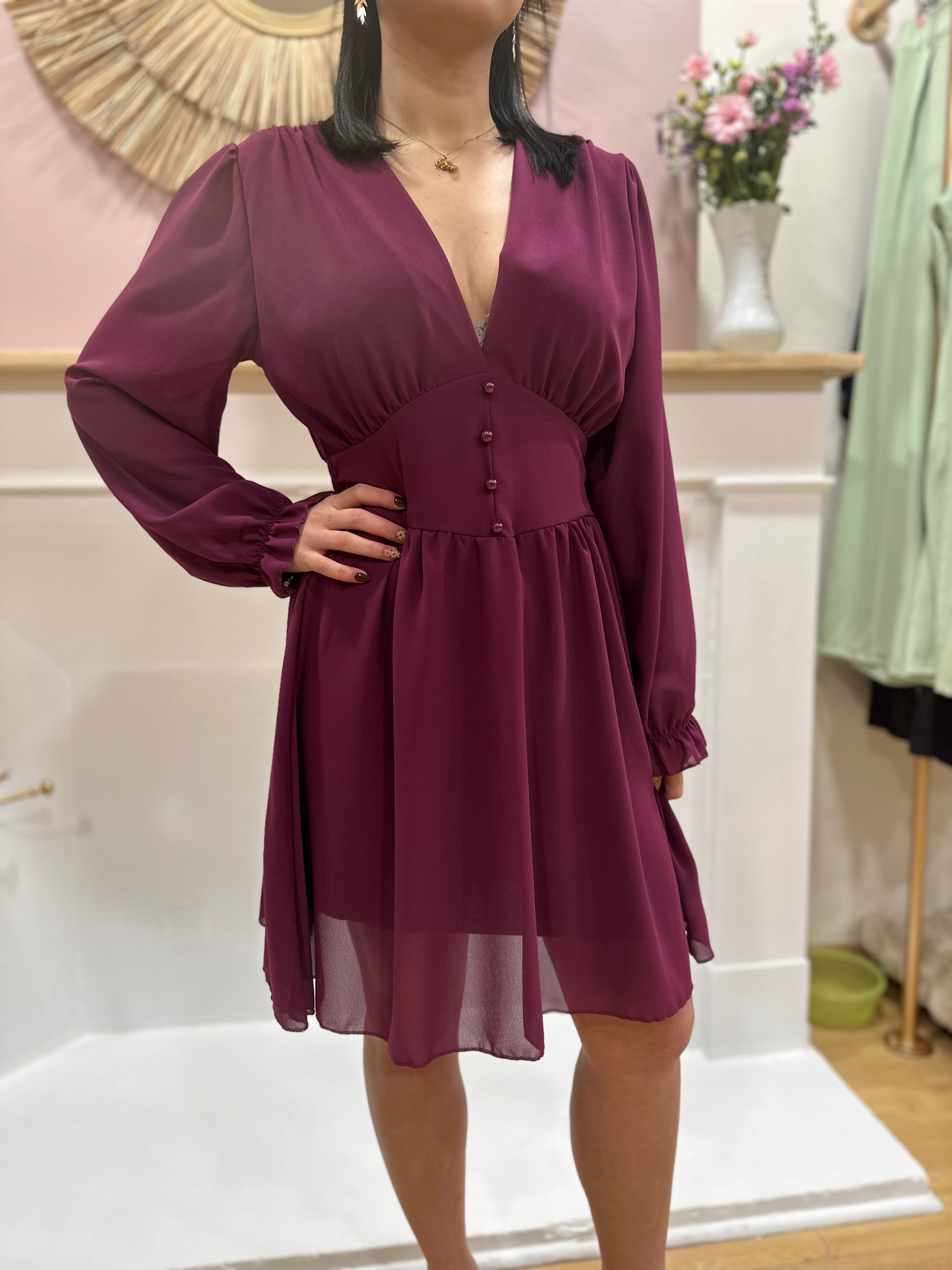 Robe fluide mauve femme – Col V – Ceinture intégrée – Coupe légère – Elle Style – Miss Caprice