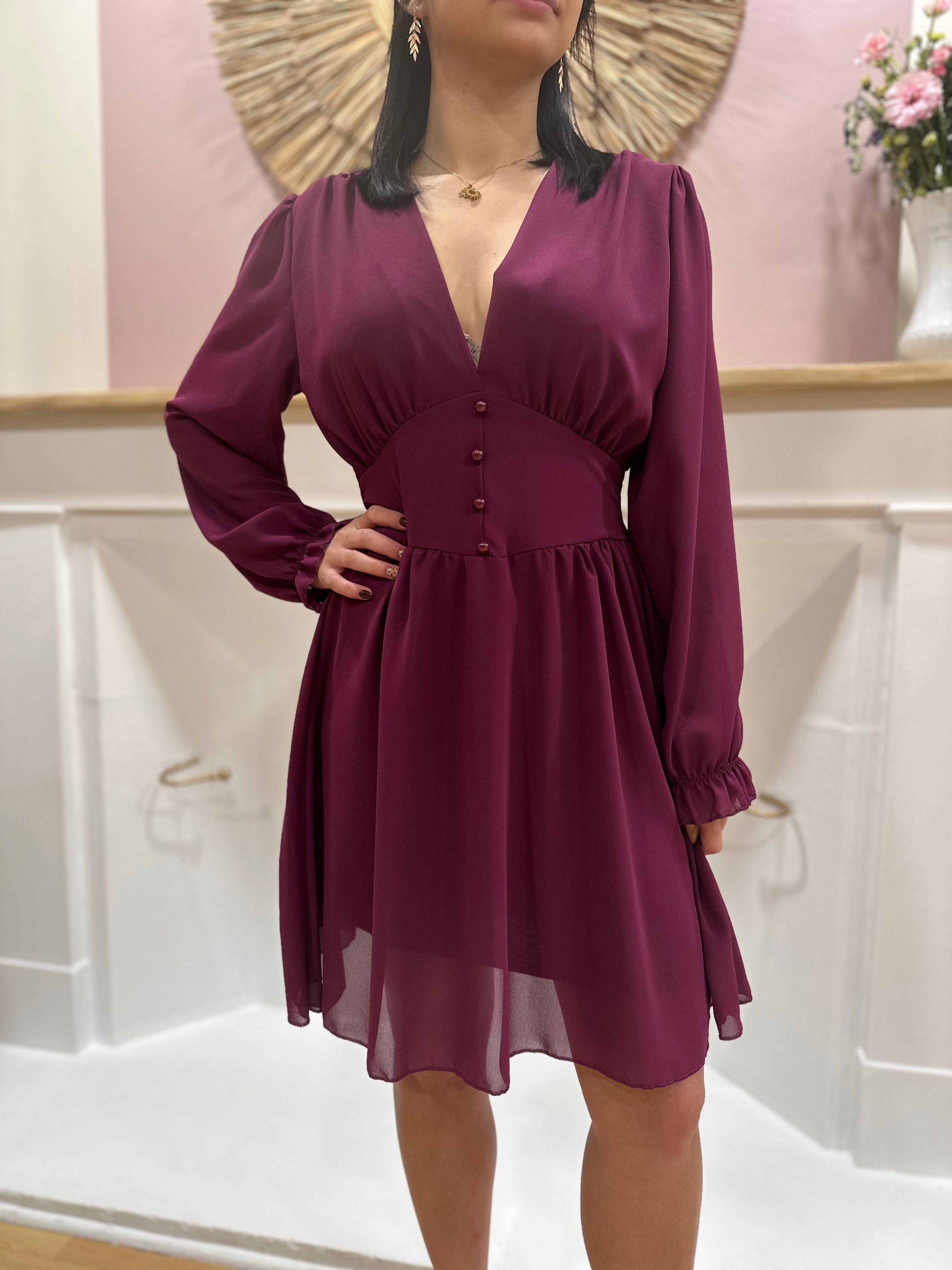 Robe fluide mauve femme – Col V – Ceinture intégrée – Coupe légère – Elle Style – Miss Caprice