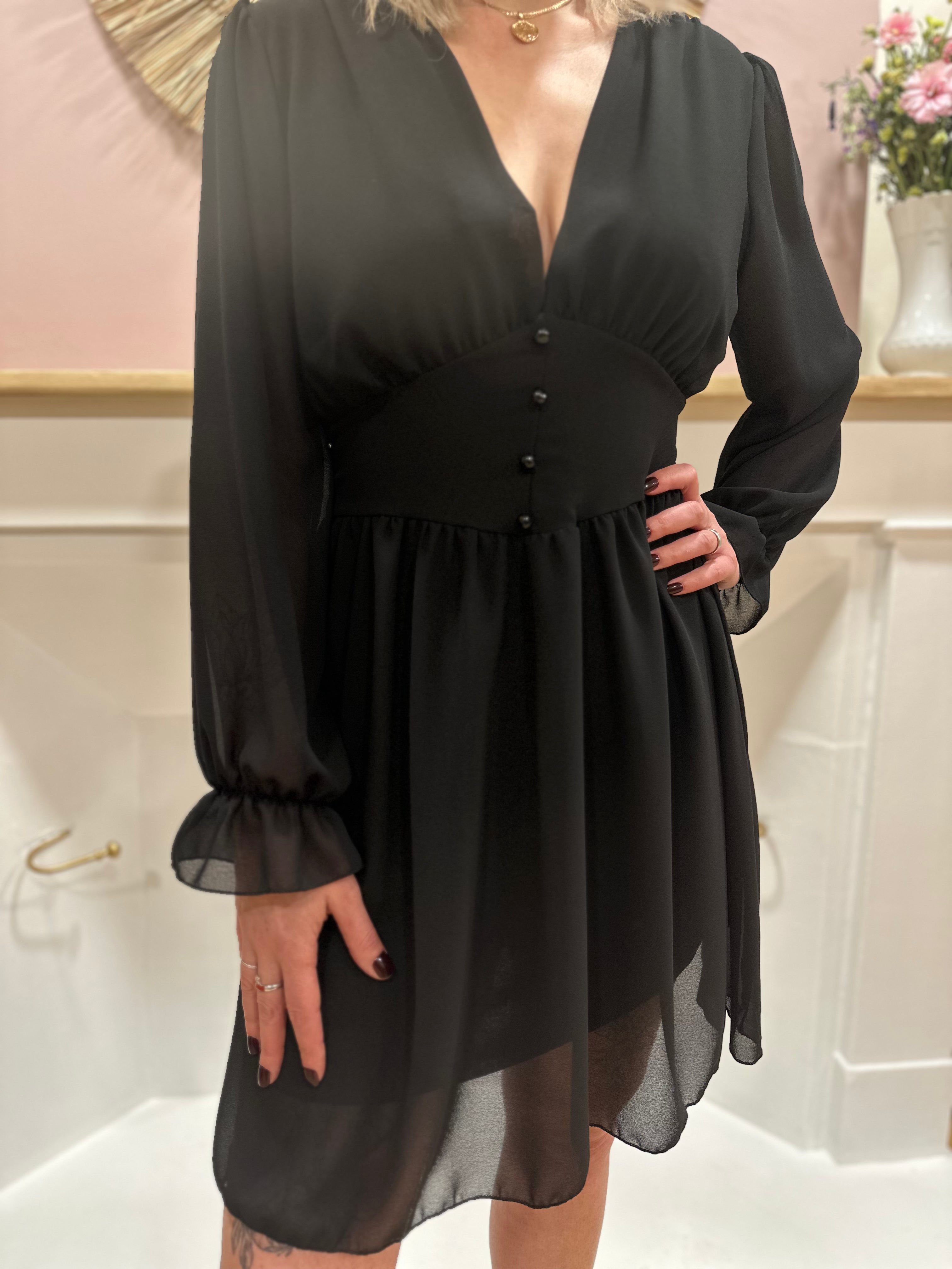 Robe fluide noire femme – Col V – Ceinture intégrée – Coupe légère – Elle Style – Miss Caprice