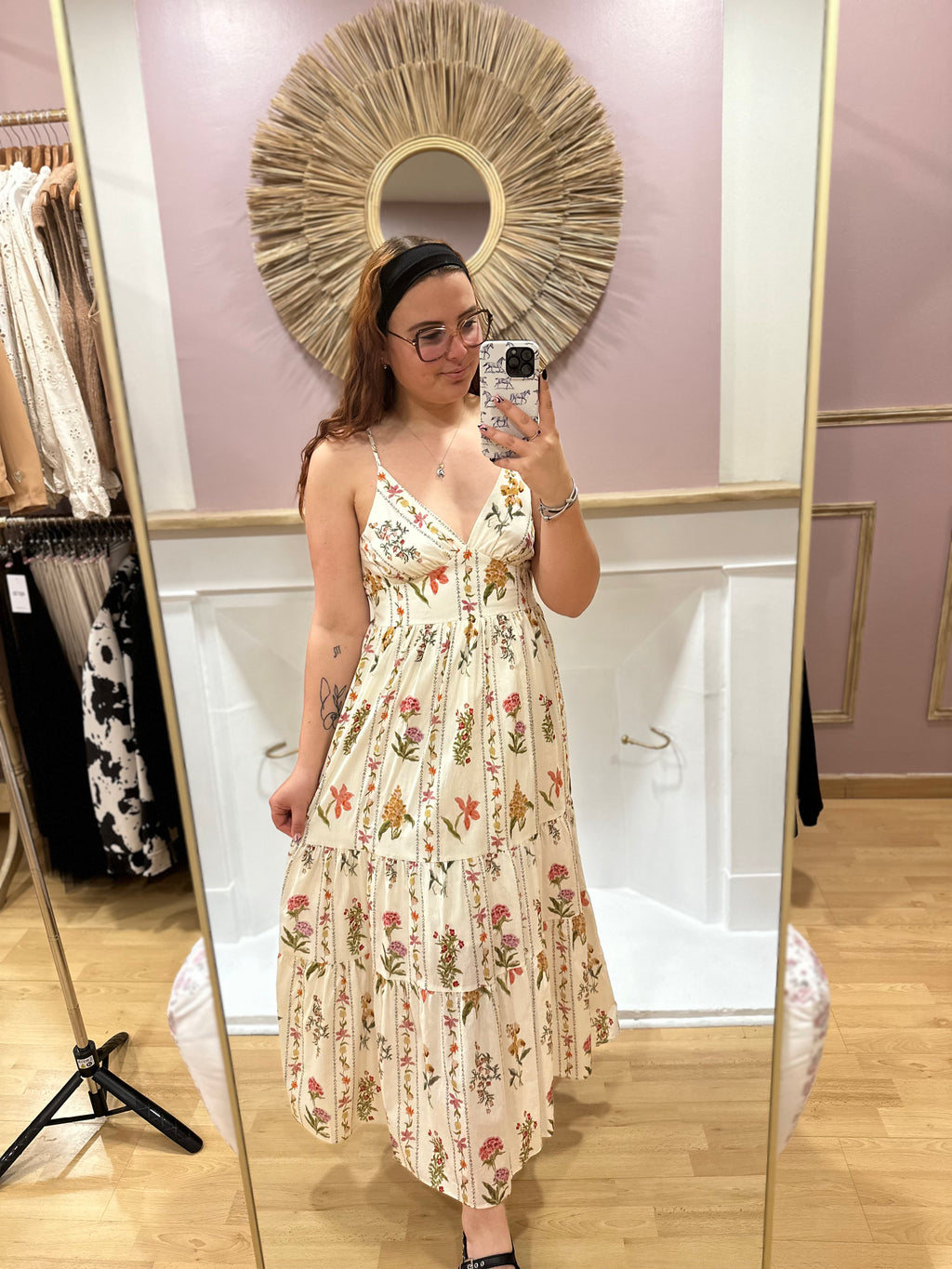 Robe longue beige fleurie fines bretelles femme – Style vintage – In April 1986 – Miss Caprice
