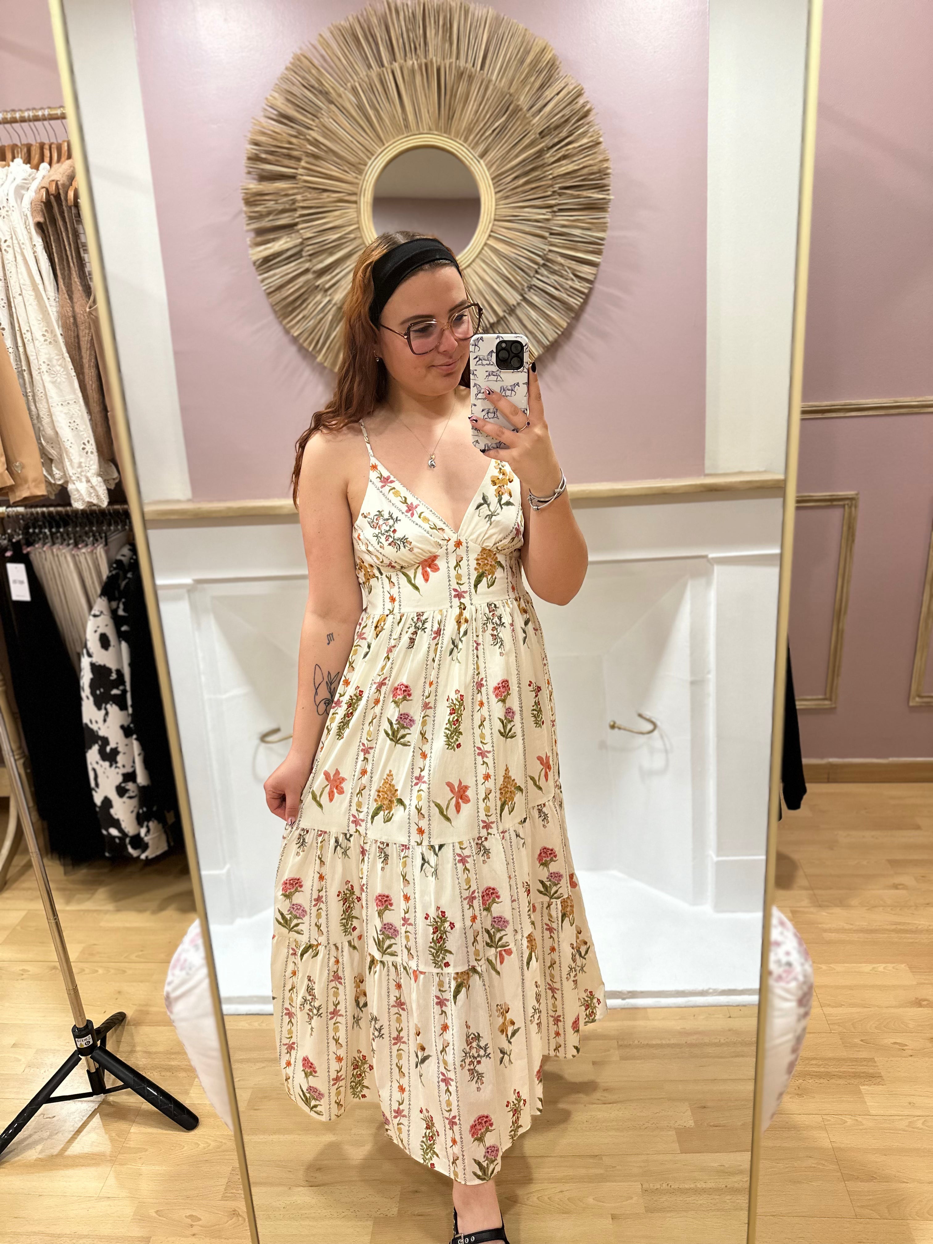 Robe longue beige fleurie fines bretelles femme – Style vintage – In April 1986 – Miss Caprice