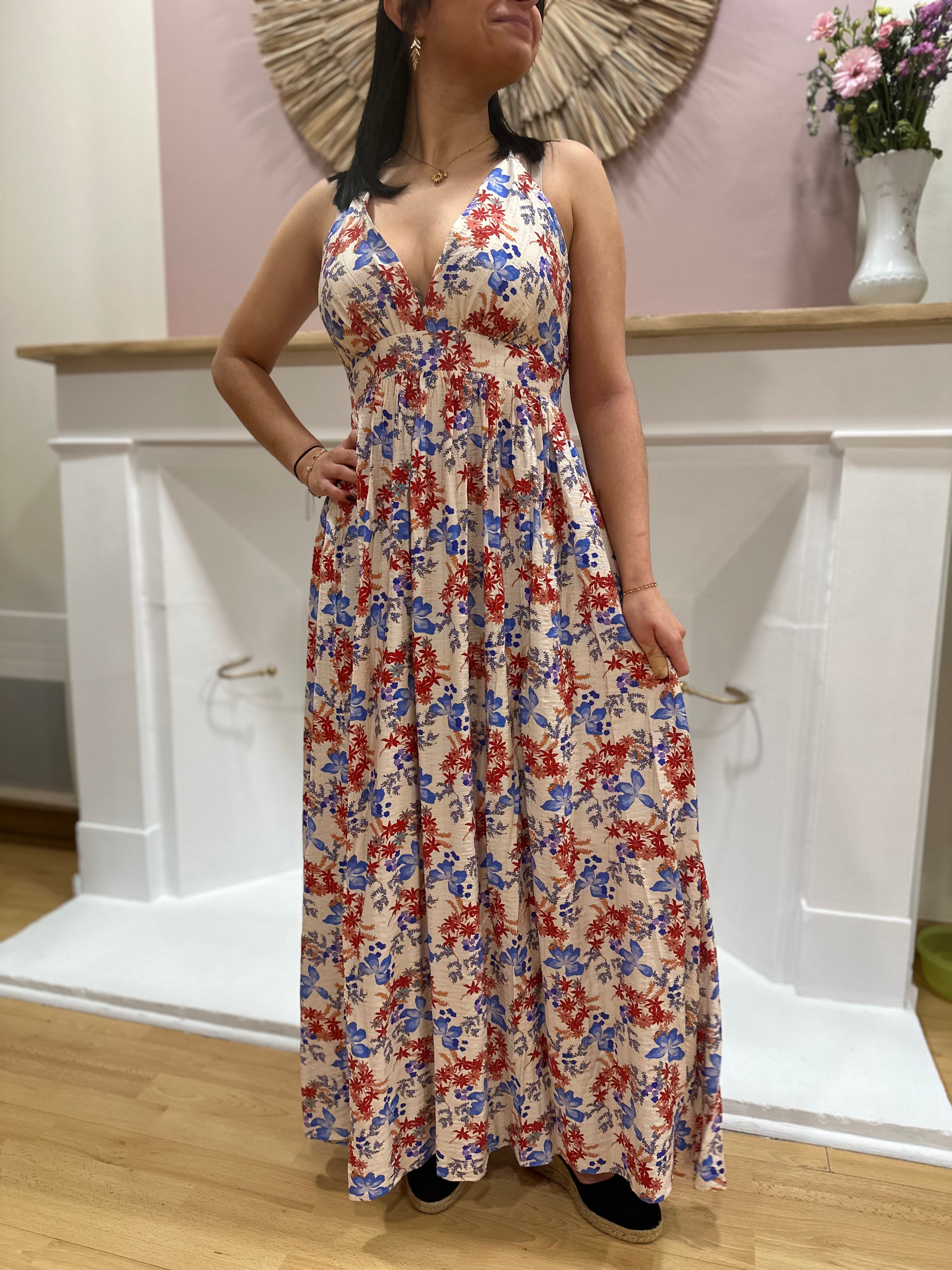 Robe longue beige femme – Motif fleuri – Dos croisé – Bretelles réglables – In April 1986 – Miss Caprice