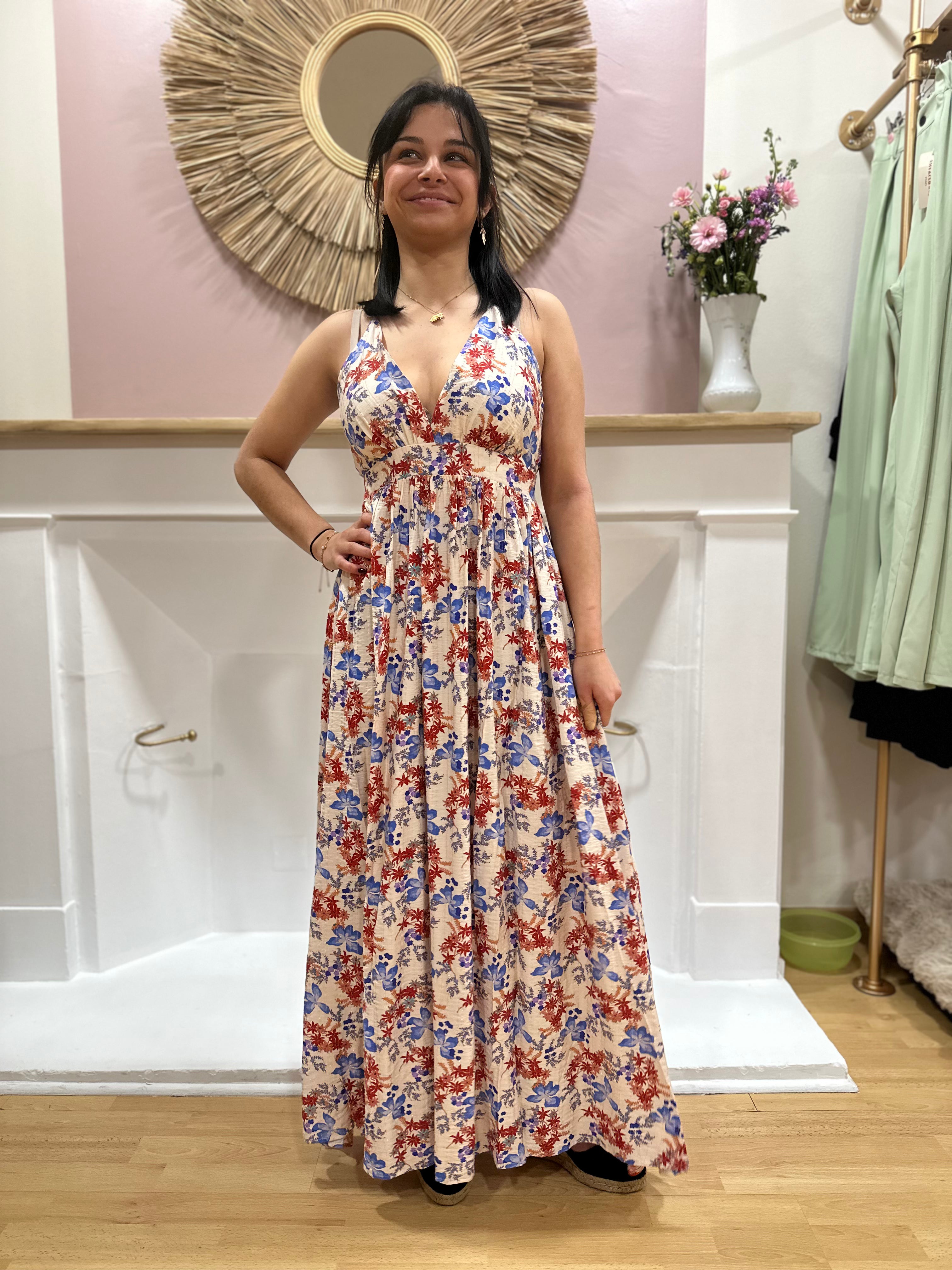 Robe longue beige femme – Motif fleuri – Dos croisé – Bretelles réglables – In April 1986 – Miss Caprice