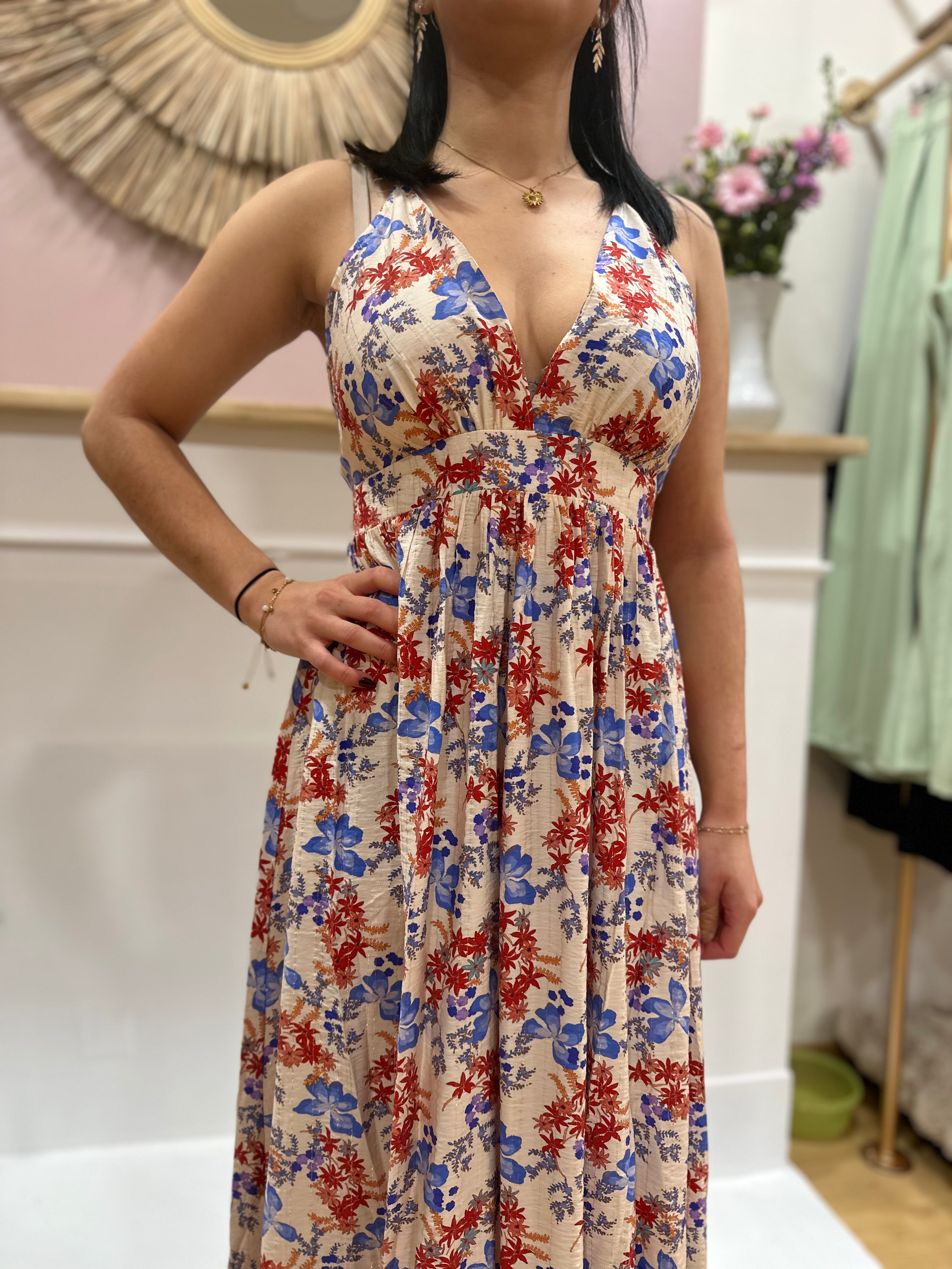 Robe longue beige femme – Motif fleuri – Dos croisé – Bretelles réglables – In April 1986 – Miss Caprice