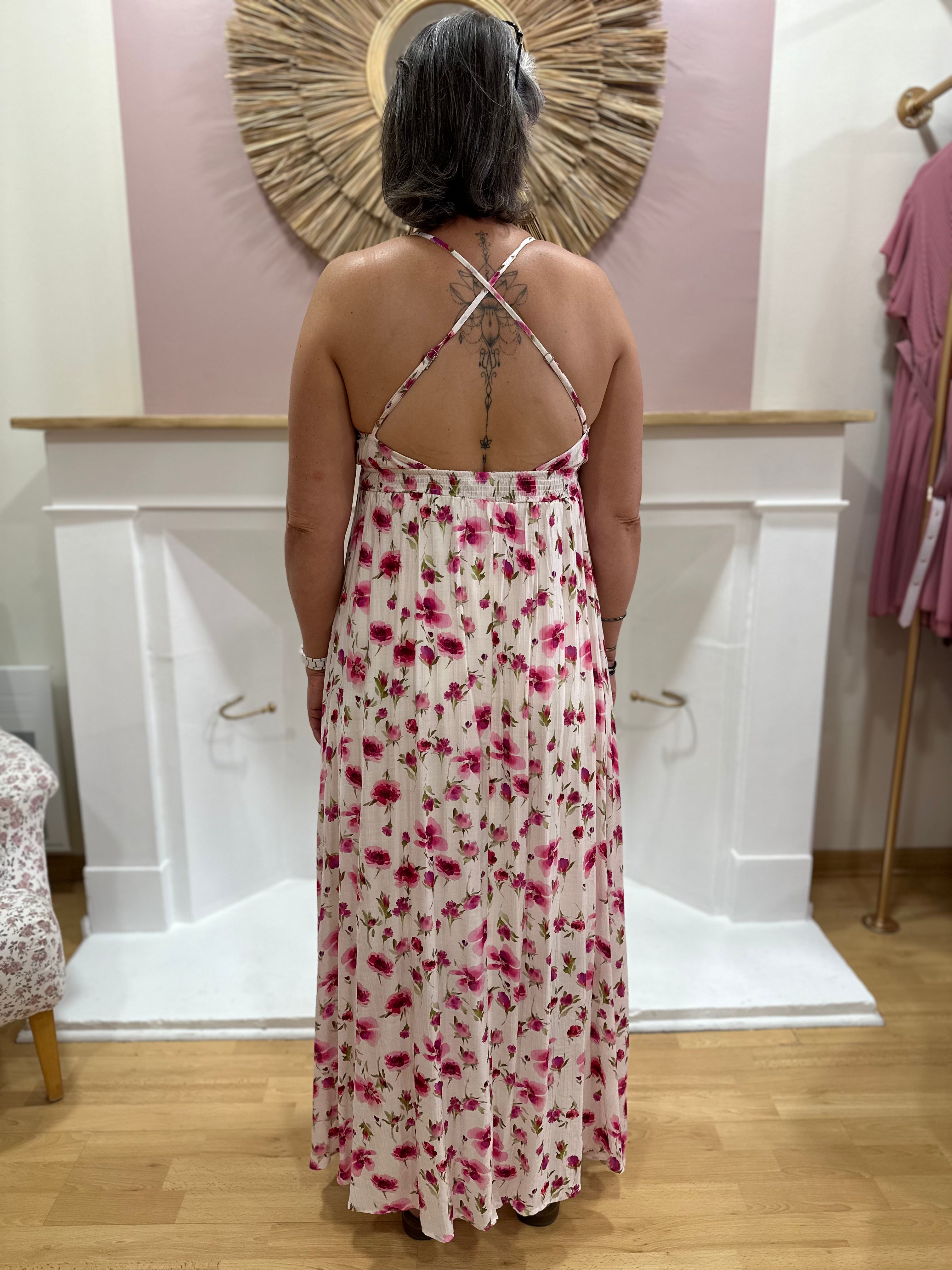 Robe longue blanche femme à fleurs roses avec dos nu à bretelles croisées – In April 1986 – Miss Caprice