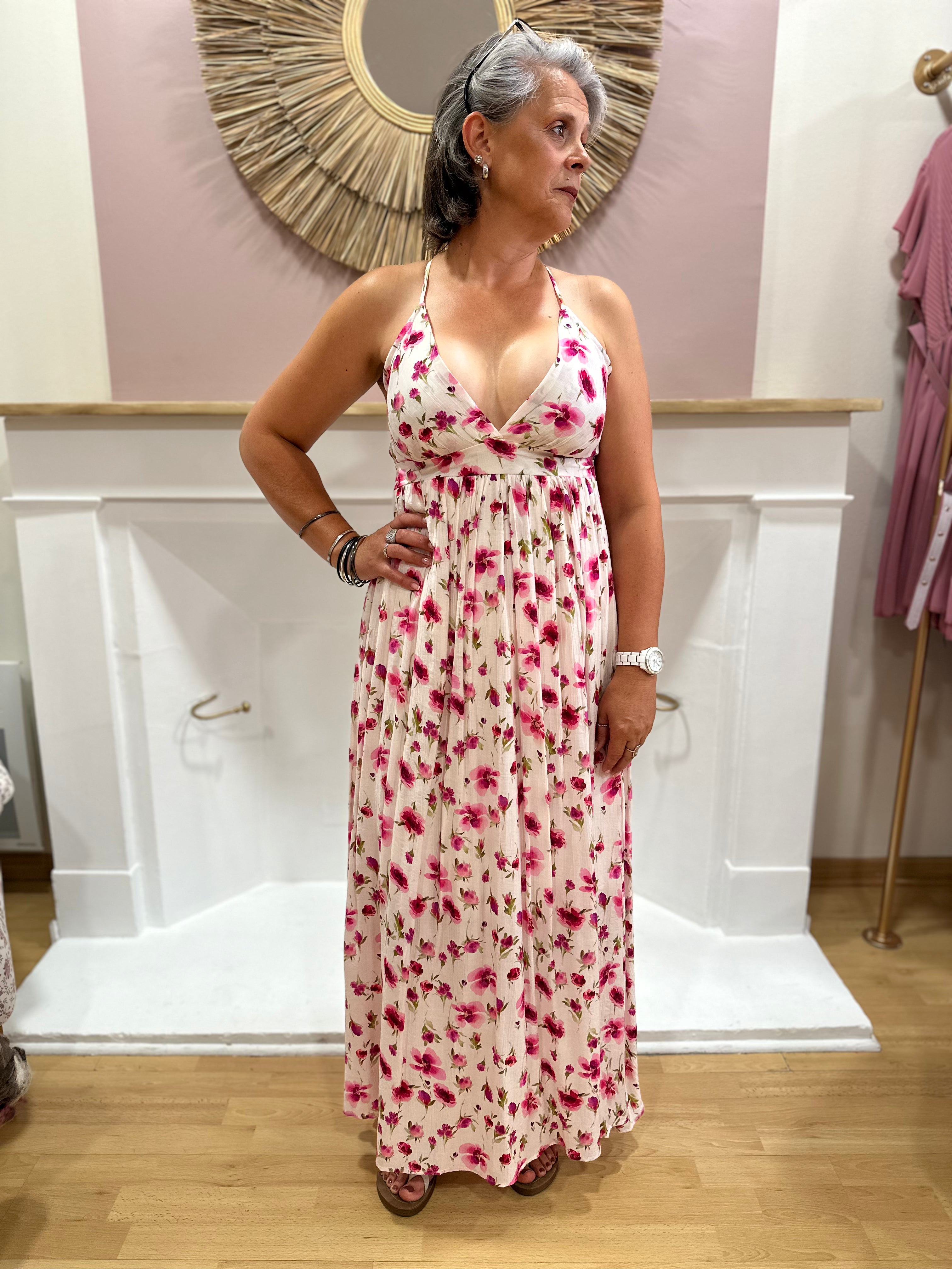 Robe longue blanche femme à fleurs roses avec dos nu à bretelles croisées – In April 1986 – Miss Caprice