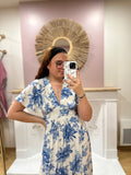 Robe longue bleu et blanc fleurie femme – Col V – In April 1986 – Miss Caprice