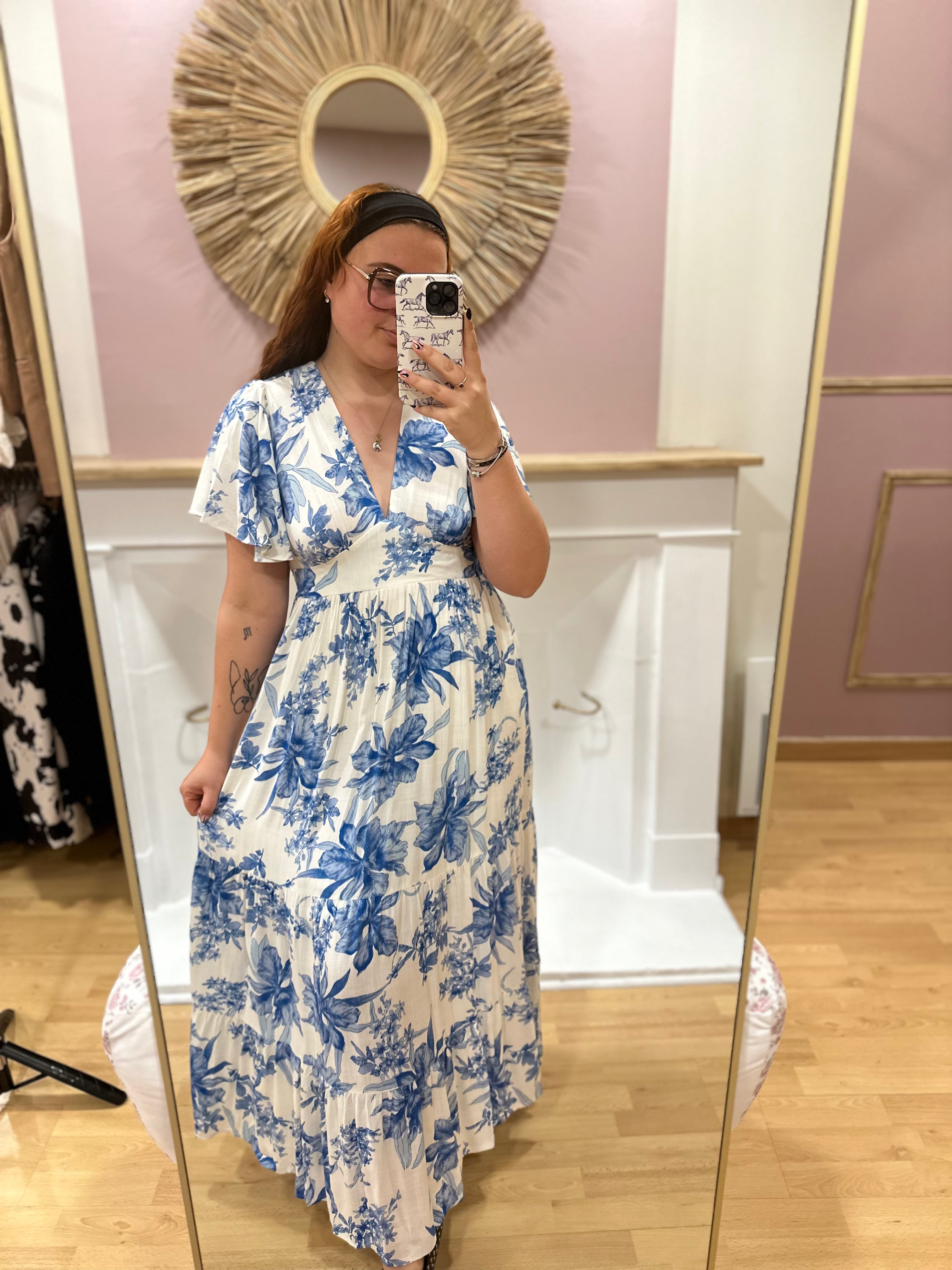 Robe longue bleu et blanc fleurie femme – Col V – In April 1986 – Miss Caprice