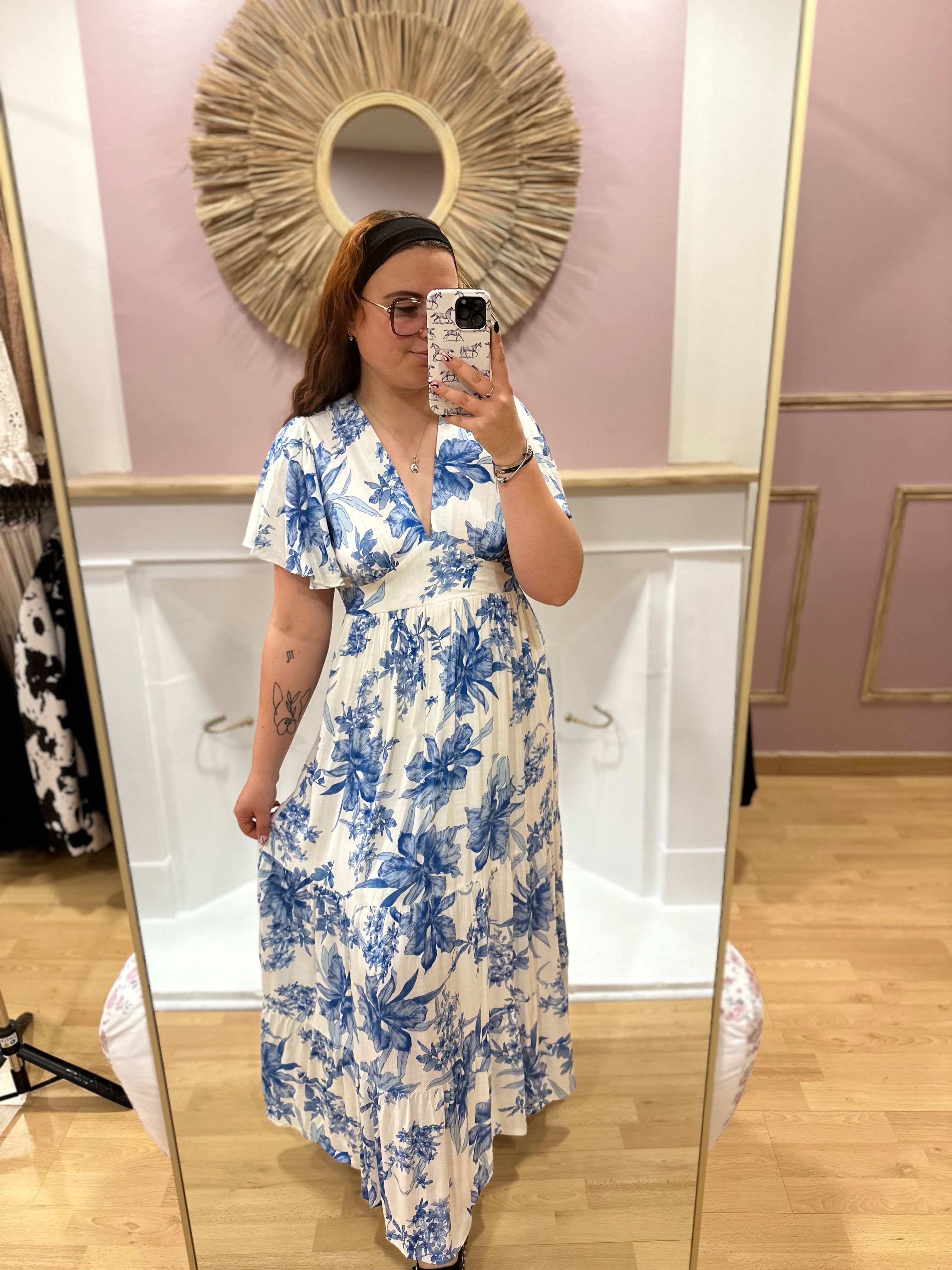 Robe longue bleu et blanc fleurie femme – Col V – In April 1986 – Miss Caprice