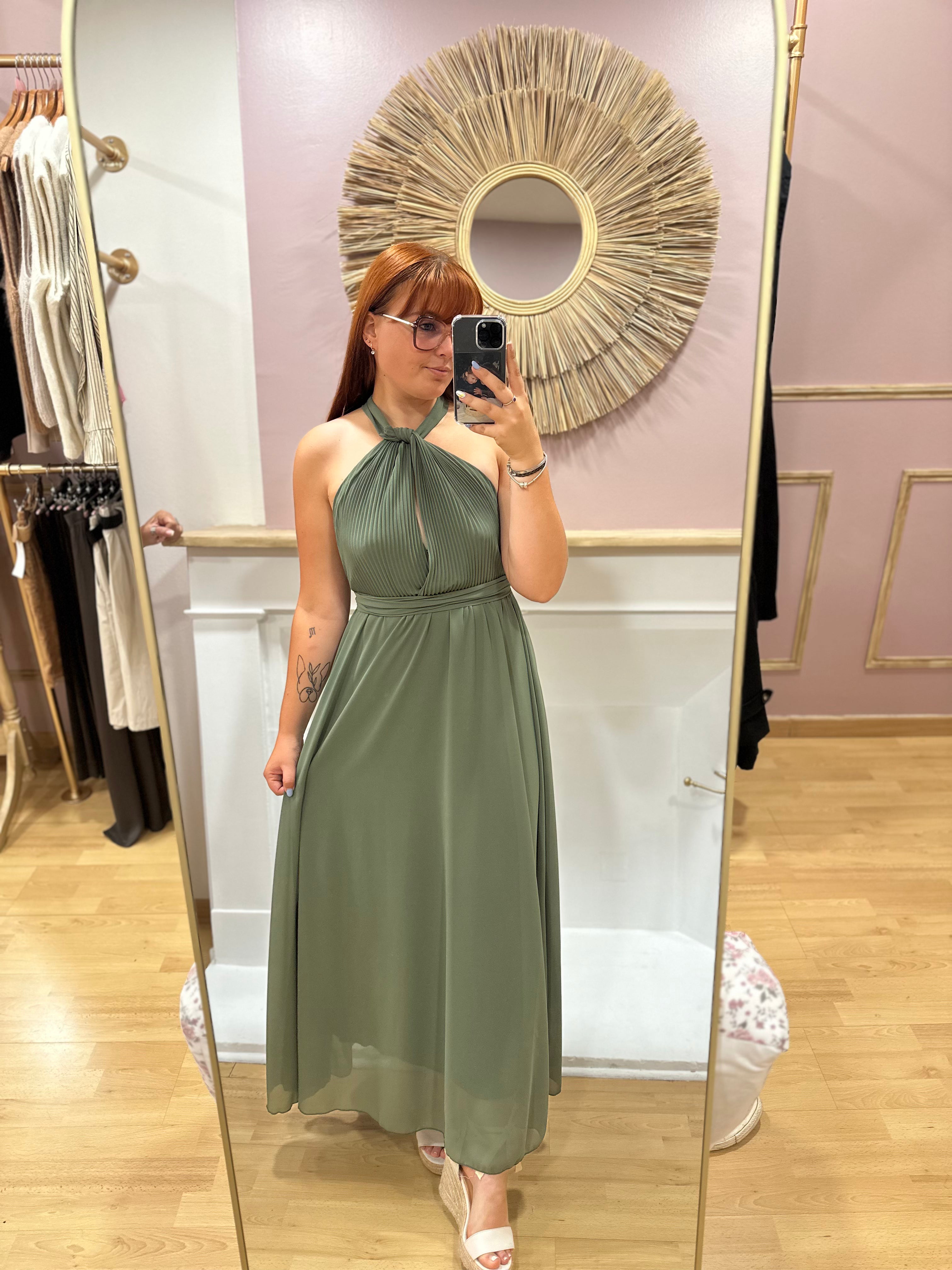 Robe longue kaki femme dos nu multiposition avec haut plissé – Kaia Made in Italy – Miss Caprice