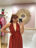 Robe longue terracotta femme dos nu multiposition avec haut plissé – Kaia Made in Italy – Miss Caprice