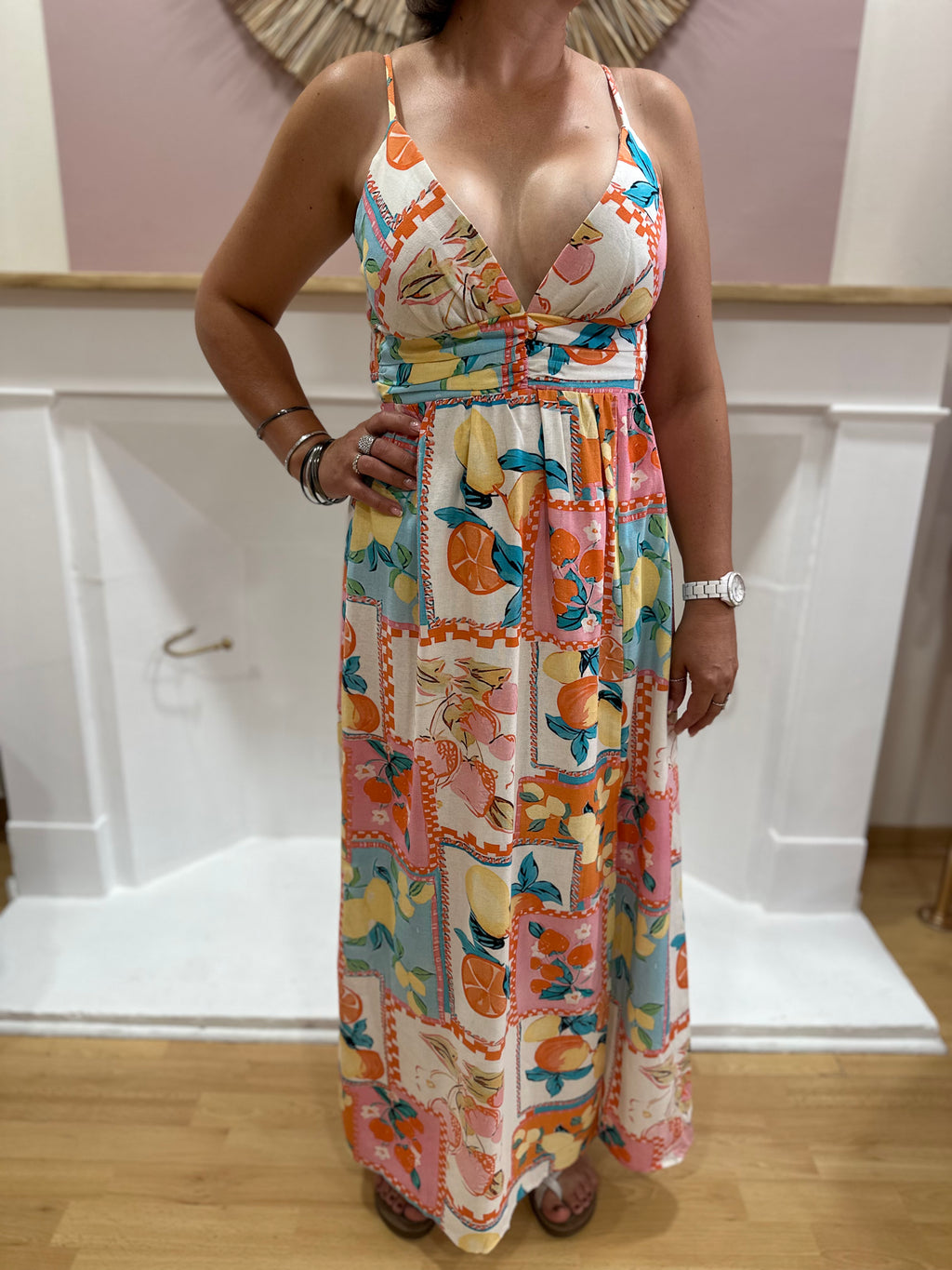 Robe longue à fines bretelles imprimé vintage pastel – In April 1986