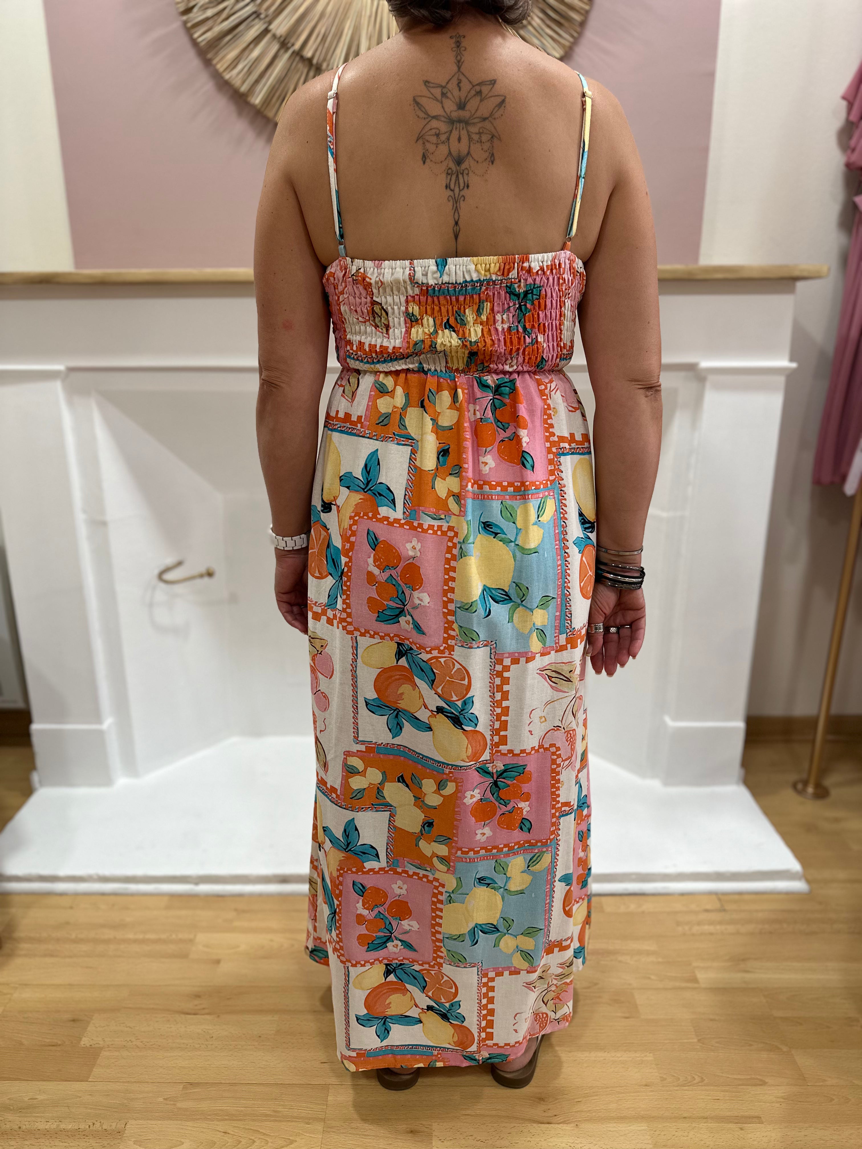 Robe longue femme à fines bretelles imprimé vintage pastel rose, bleu, jaune, orange et vert – In April 1986 – Miss Caprice