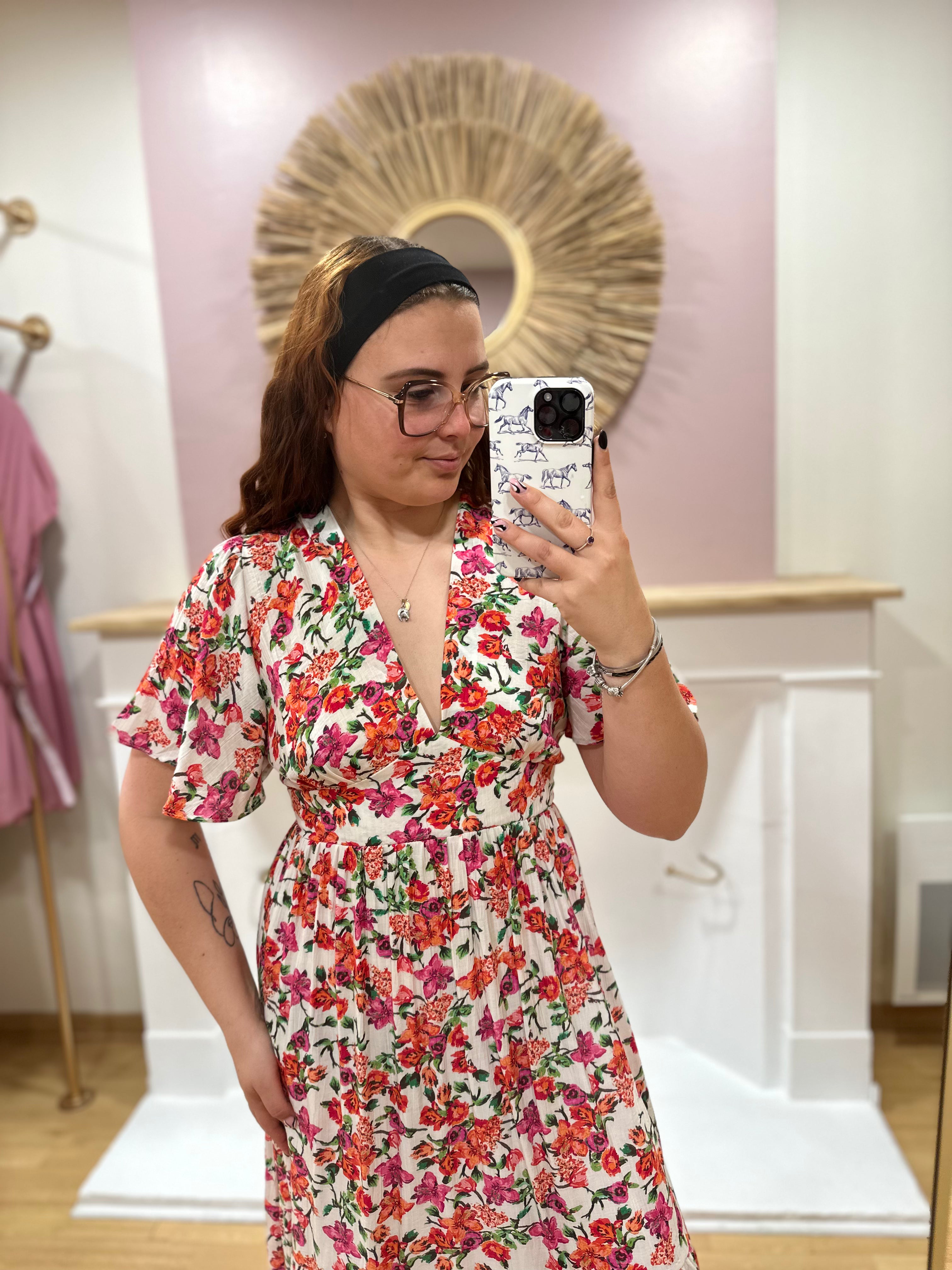 Robe longue fleurie grande taille femme – Col V – In April 1986 – Miss Caprice