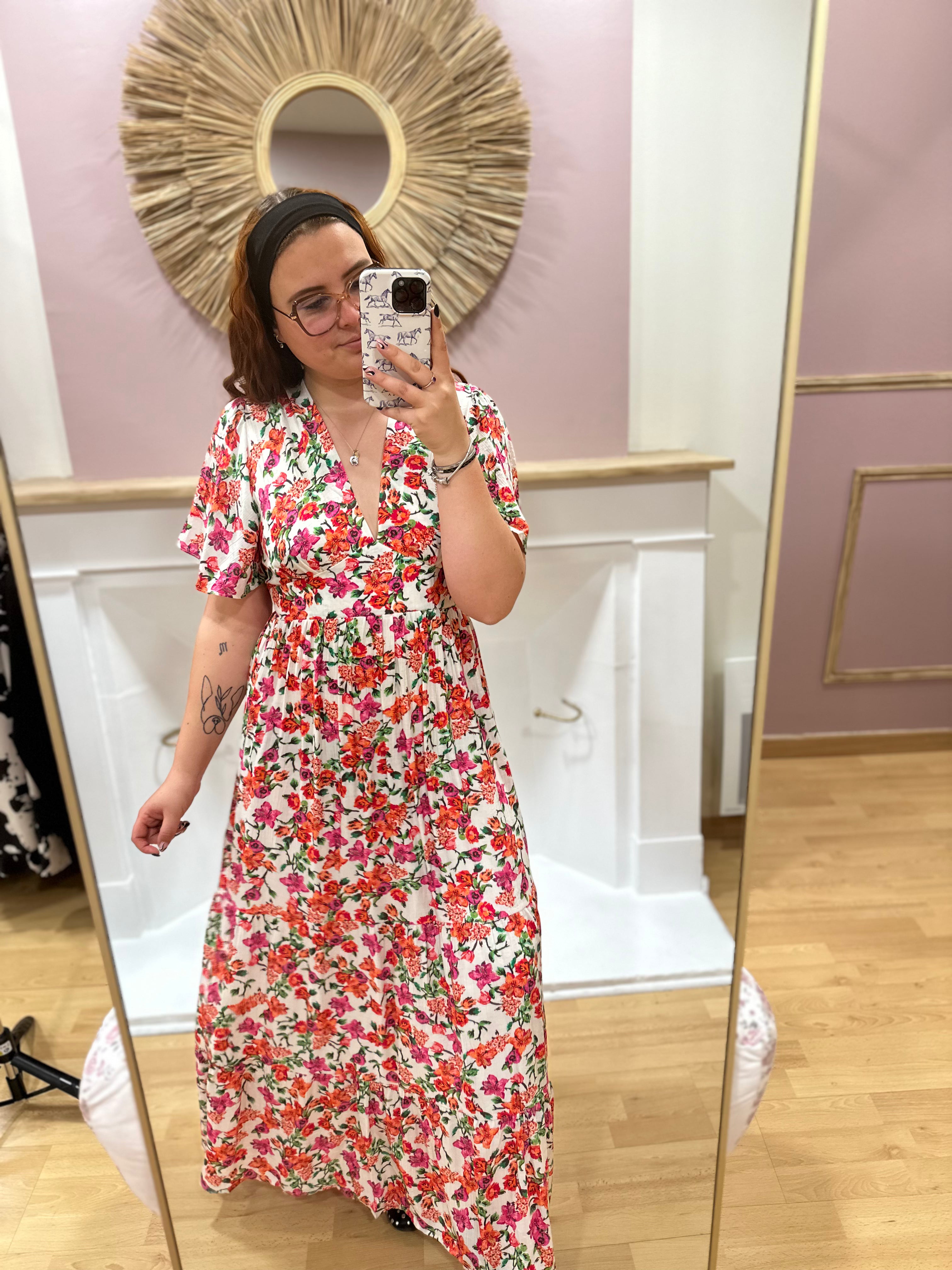 Robe longue fleurie grande taille femme – Col V – In April 1986 – Miss Caprice