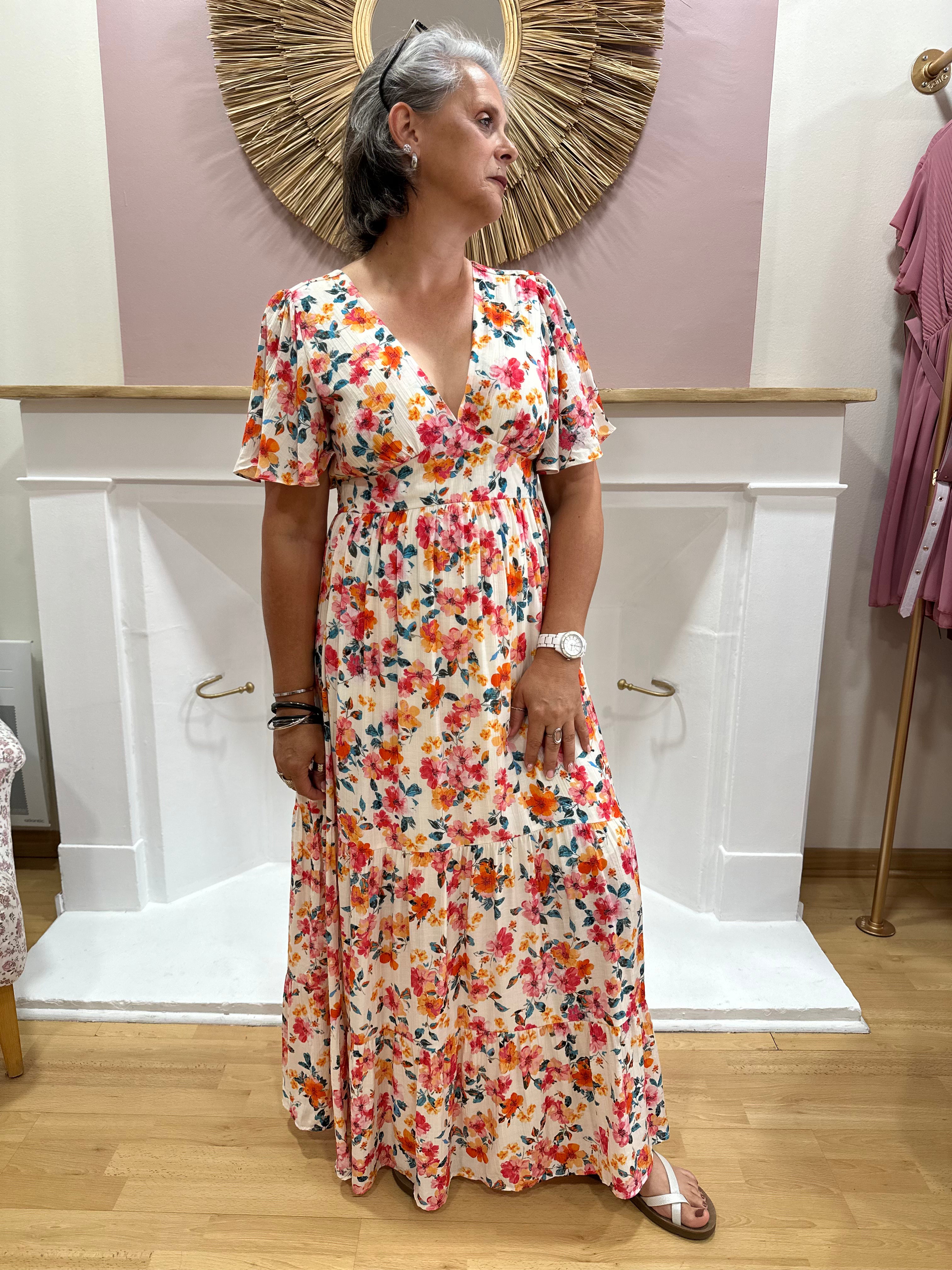 Robe longue femme à motif fleuri pastel rose, orange et bleu avec décolleté V – In April 1986 – Miss Caprice