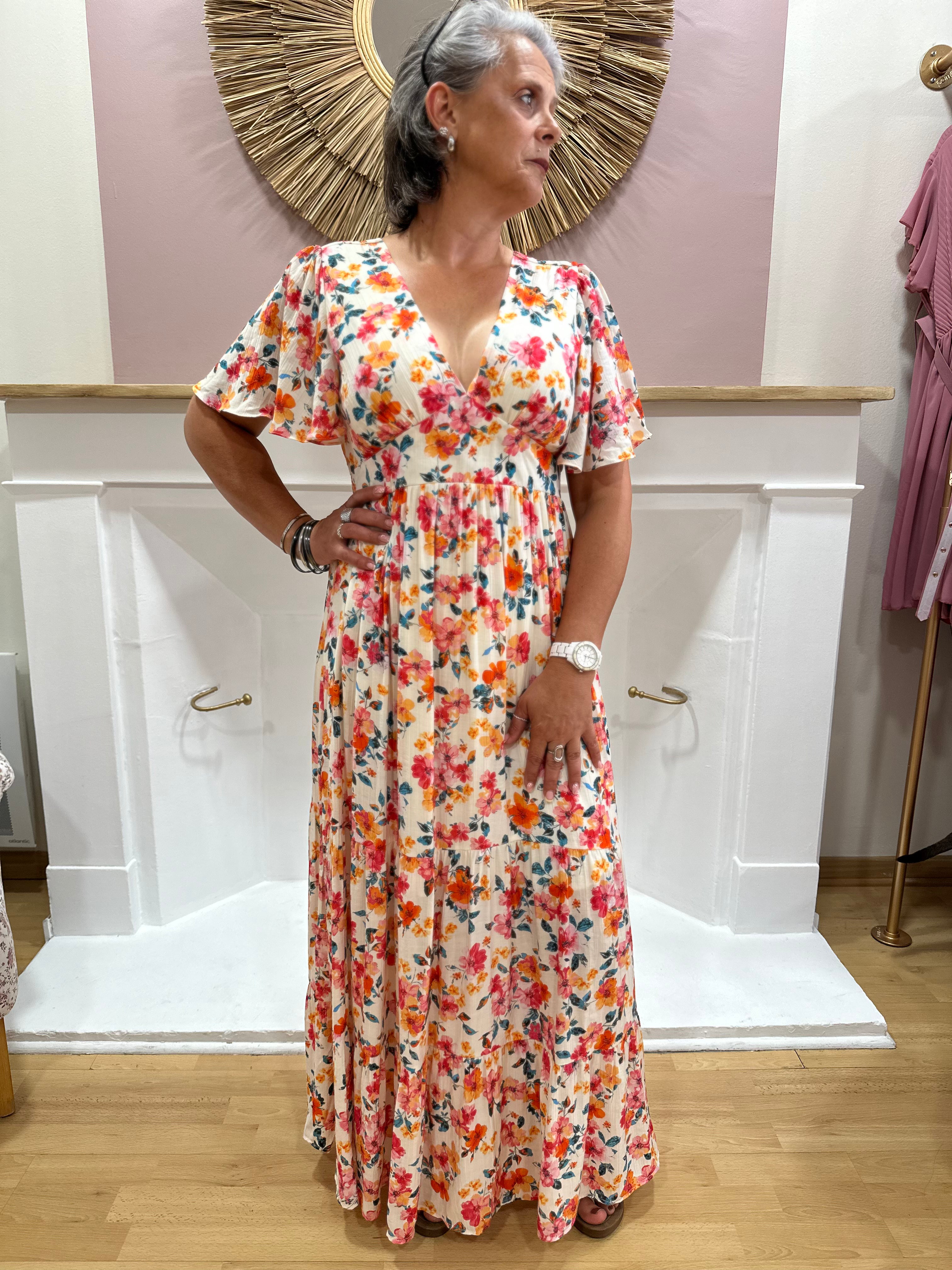 Robe longue femme à motif fleuri pastel rose, orange et bleu avec décolleté V – In April 1986 – Miss Caprice