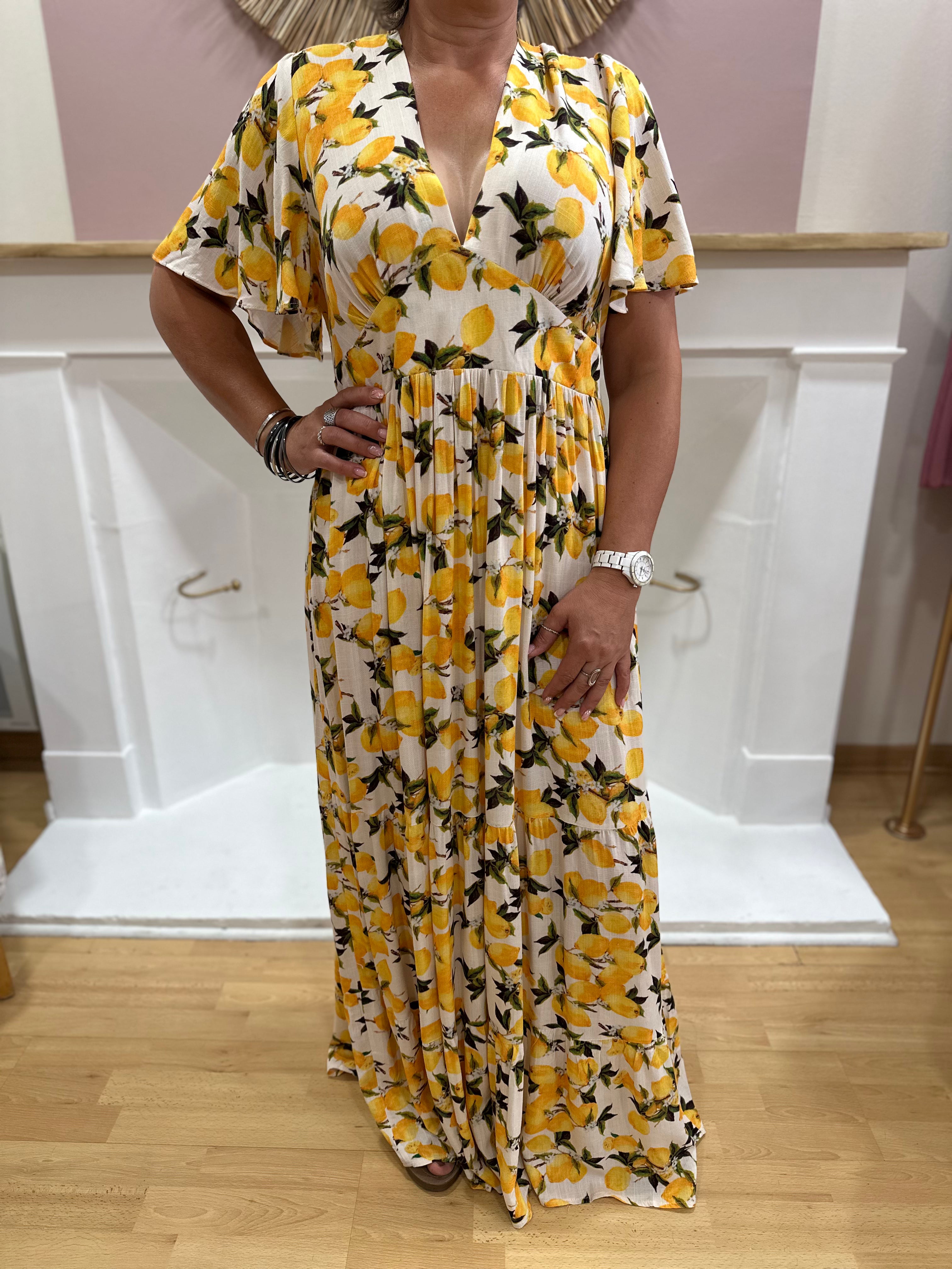 Robe longue grande taille blanche femme à motif citron jaune et vert avec décolleté V – In April 1986 – Miss Caprice