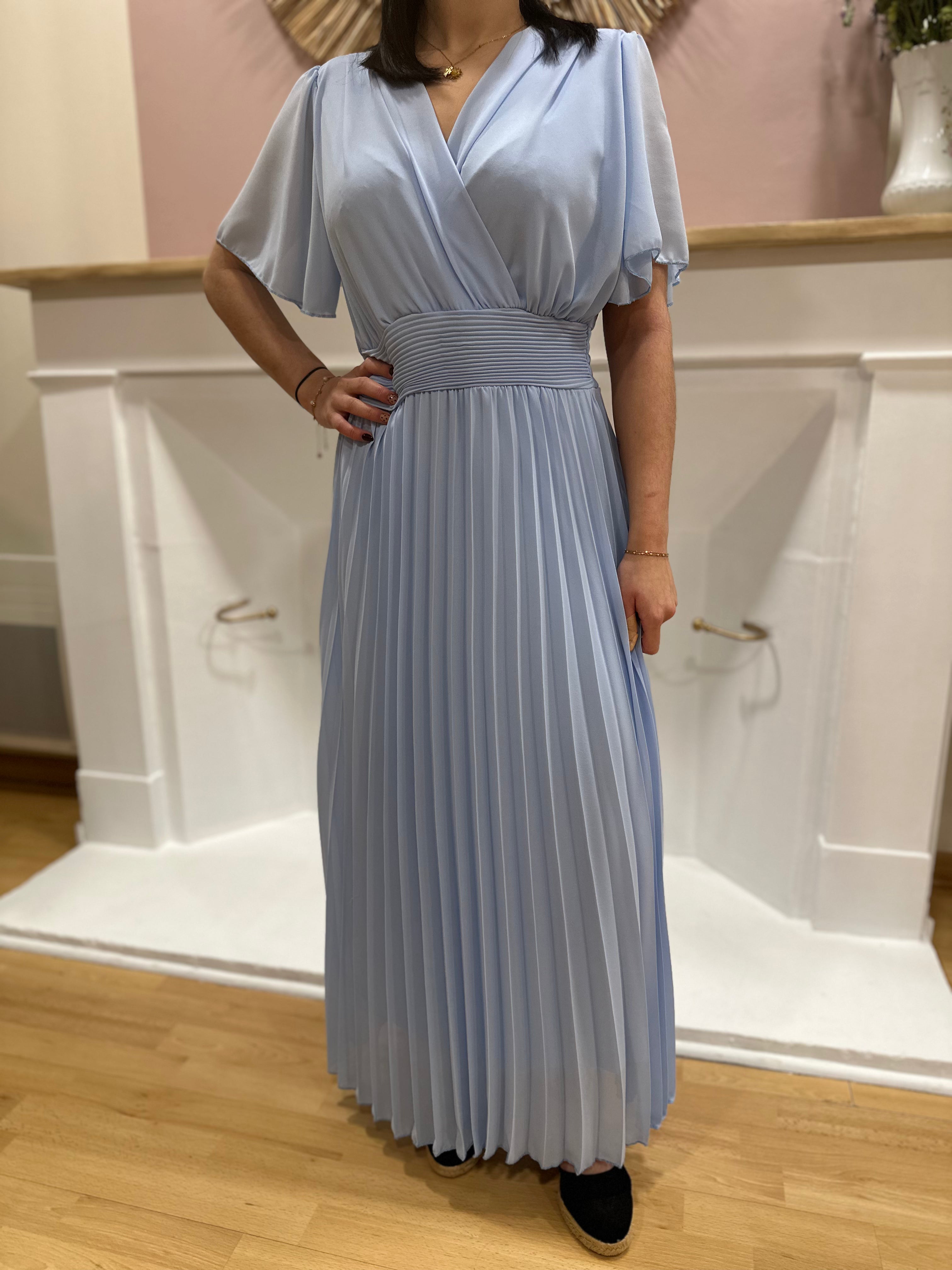 Robe longue femme – Manches courtes – Voilage – Décolleté V – Ceinture intégrée – Elle Style – Miss Caprice