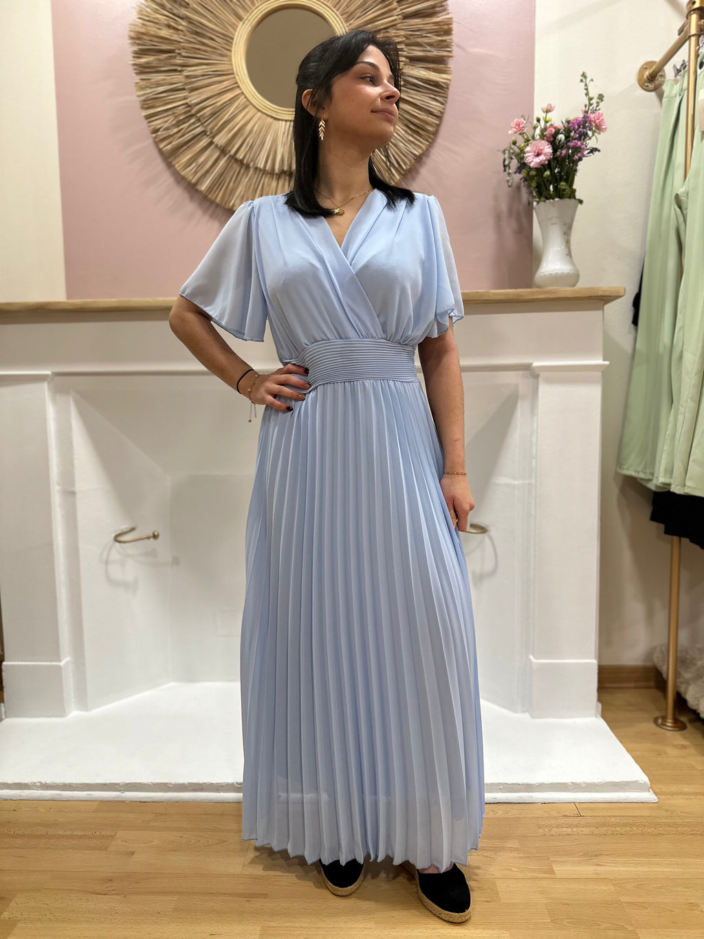 Robe longue femme – Manches courtes – Voilage – Décolleté V – Ceinture intégrée – Elle Style – Miss Caprice