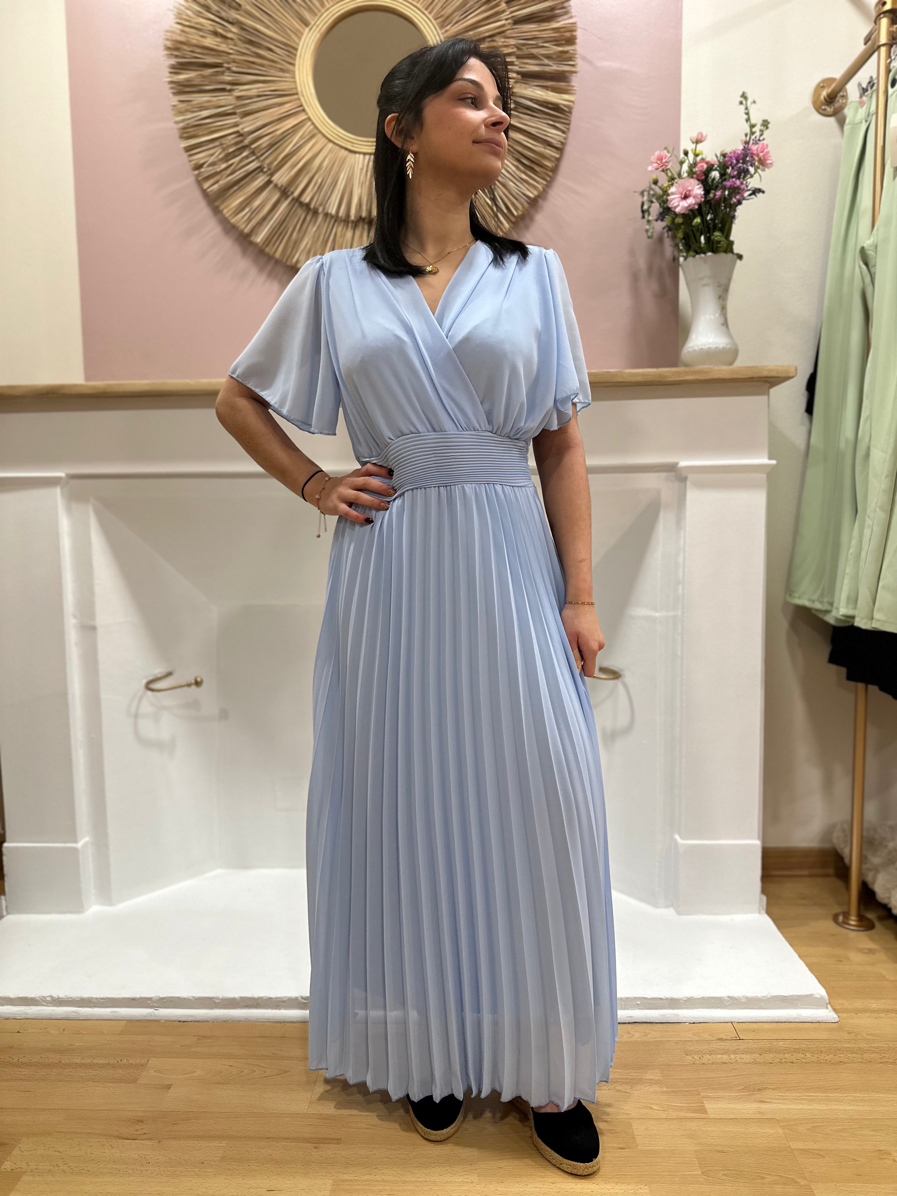 Robe longue femme – Manches courtes – Voilage – Décolleté V – Ceinture intégrée – Elle Style – Miss Caprice