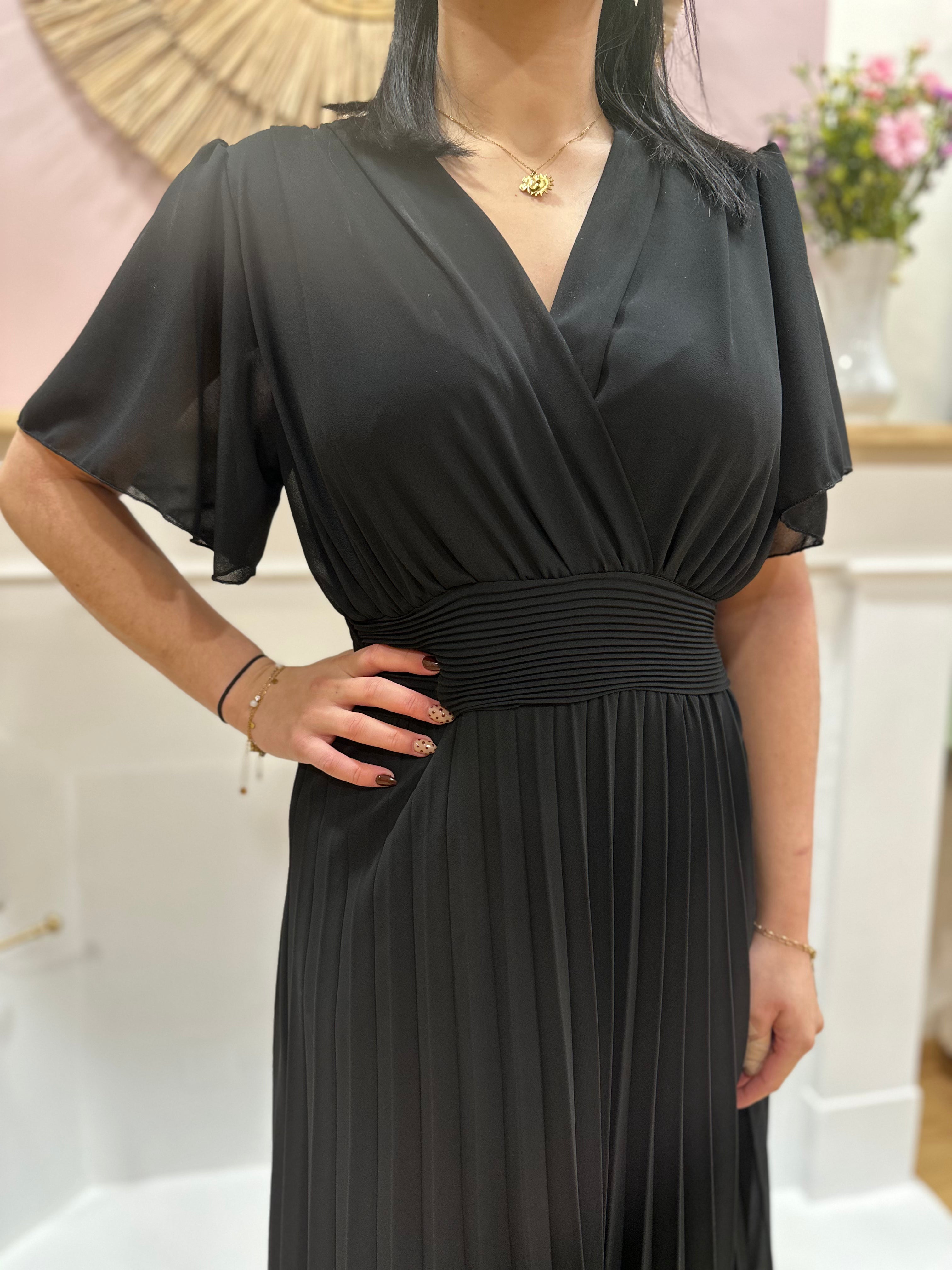 Robe longue noire femme – Manches courtes – Voilage – Décolleté V – Ceinture intégrée – Elle Style – Miss Caprice