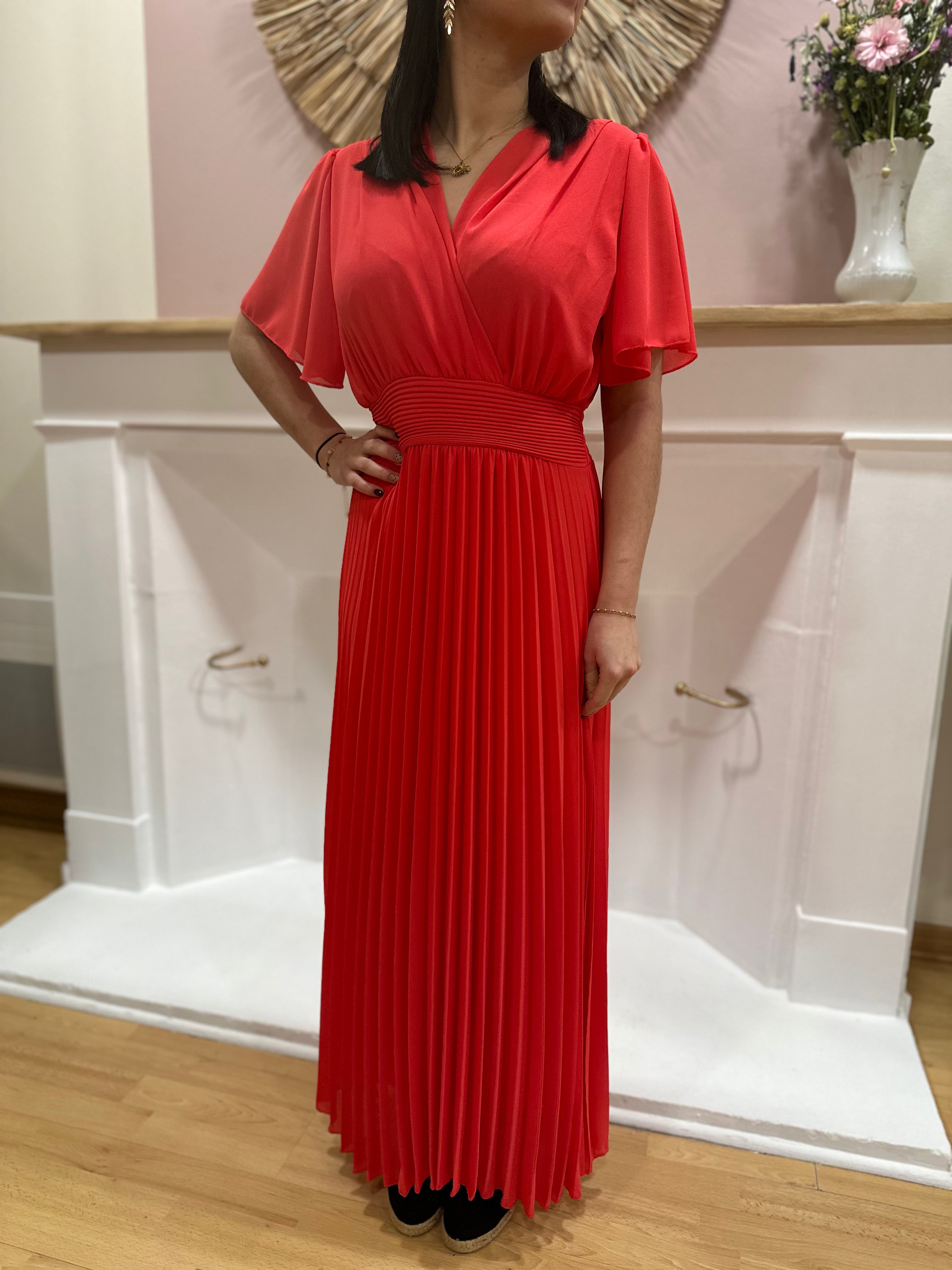 Robe longue rose fuchsia femme – Manches courtes – Voilage – Décolleté V – Ceinture intégrée – Elle Style – Miss Caprice