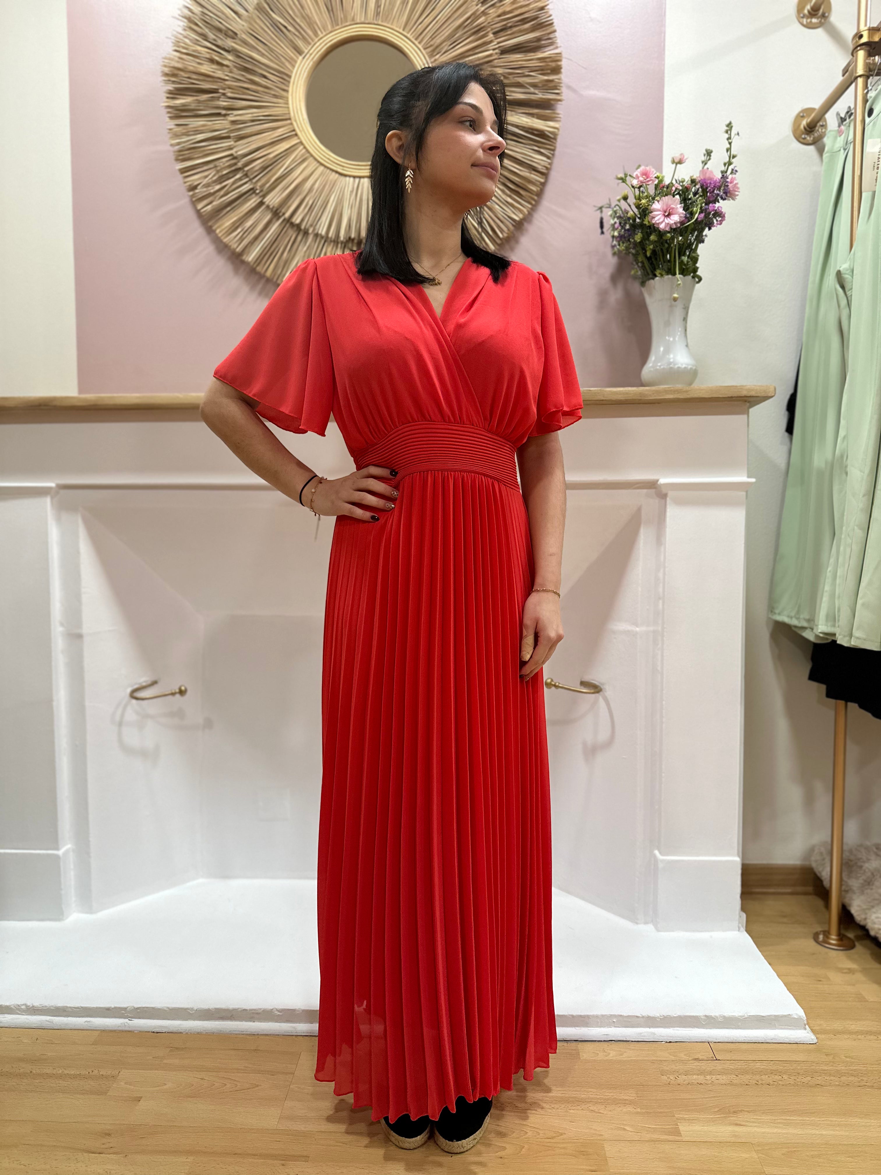 Robe longue rose fuchsia femme – Manches courtes – Voilage – Décolleté V – Ceinture intégrée – Elle Style – Miss Caprice