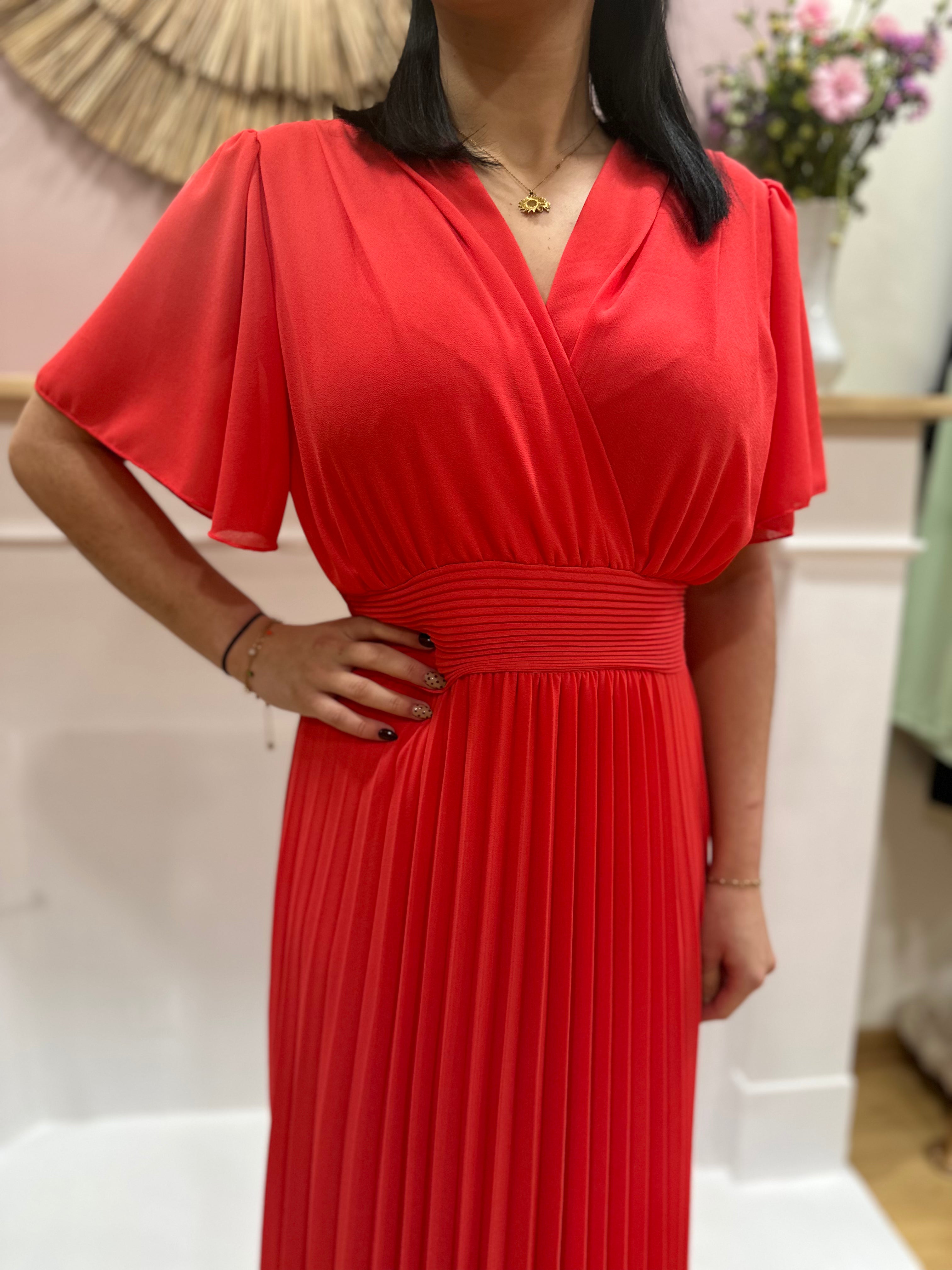 Robe longue rose fuchsia femme – Manches courtes – Voilage – Décolleté V – Ceinture intégrée – Elle Style – Miss Caprice