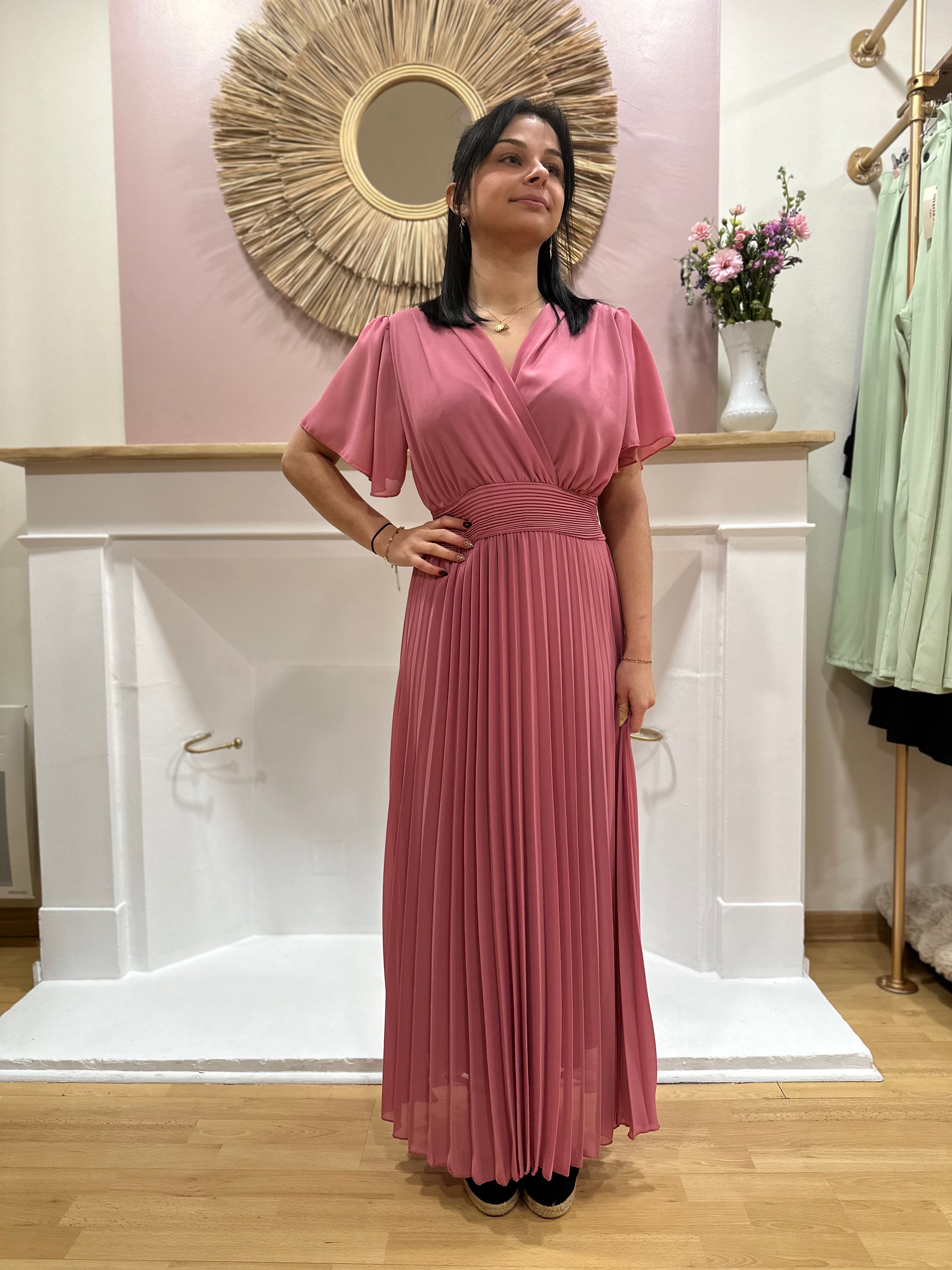 Robe longue rose poudré femme – Manches courtes – Voilage – Décolleté V – Ceinture intégrée – Elle Style – Miss Caprice