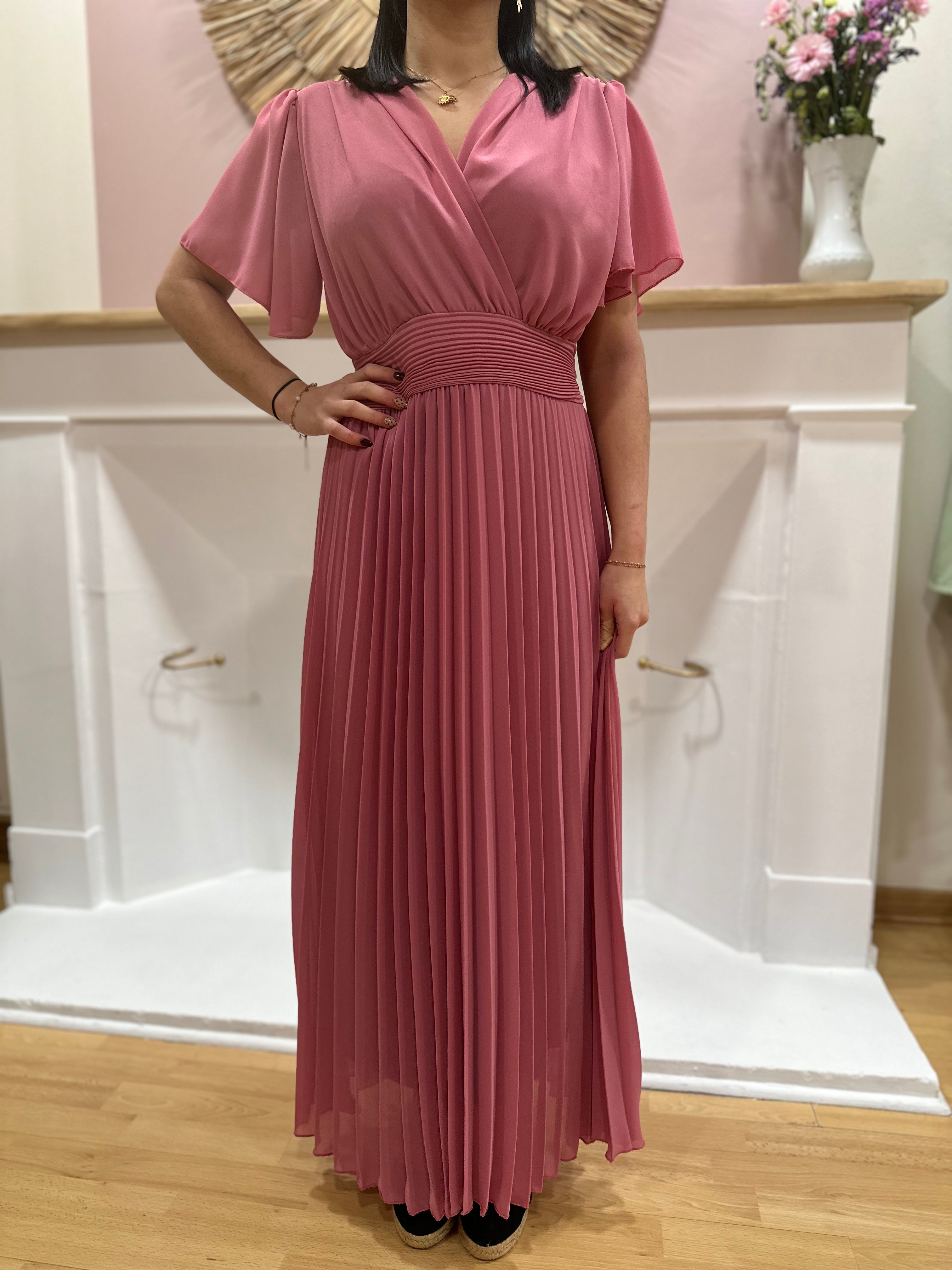 Robe longue rose poudré femme – Manches courtes – Voilage – Décolleté V – Ceinture intégrée – Elle Style – Miss Caprice