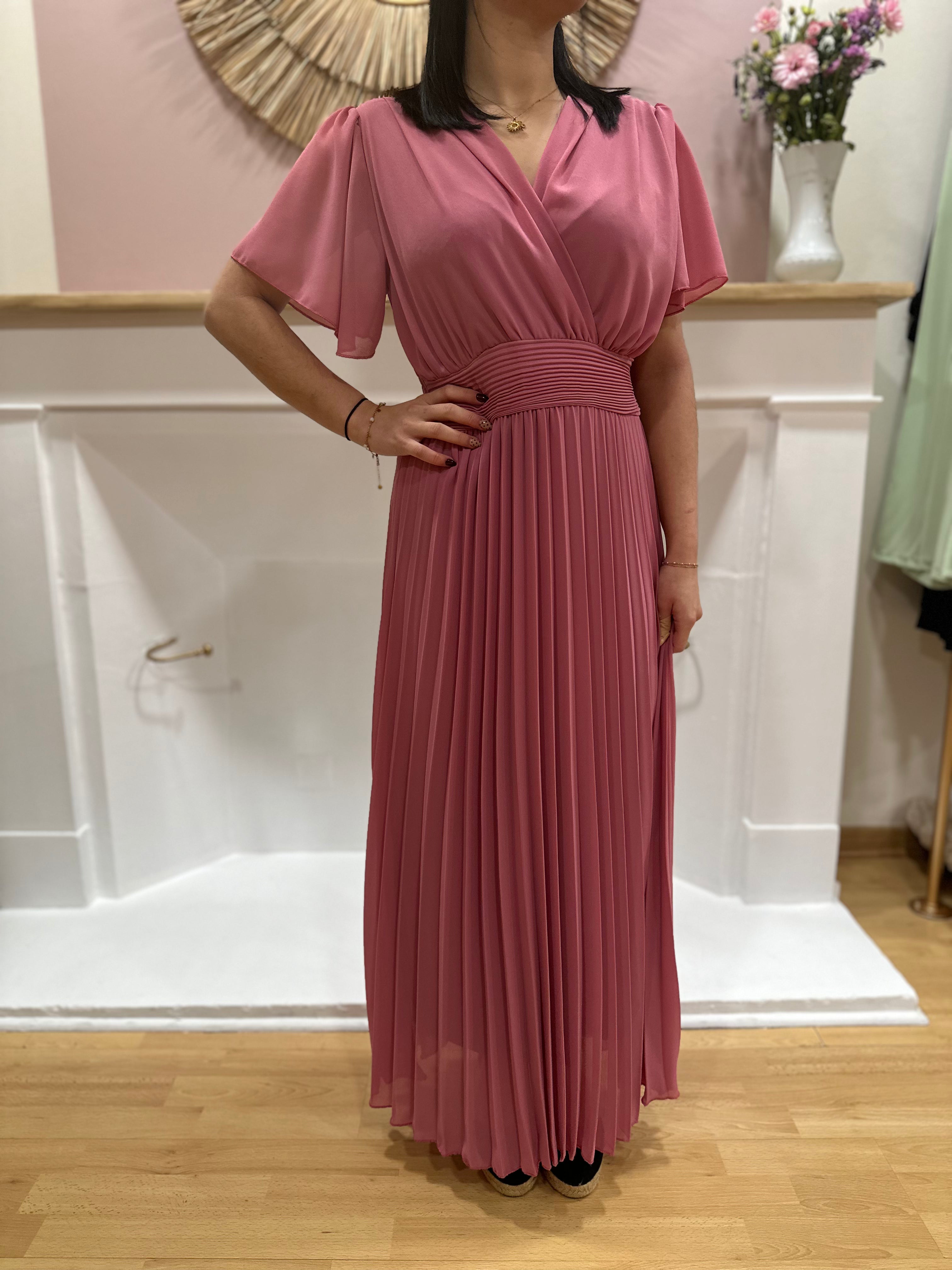 Robe longue rose poudré femme – Manches courtes – Voilage – Décolleté V – Ceinture intégrée – Elle Style – Miss Caprice