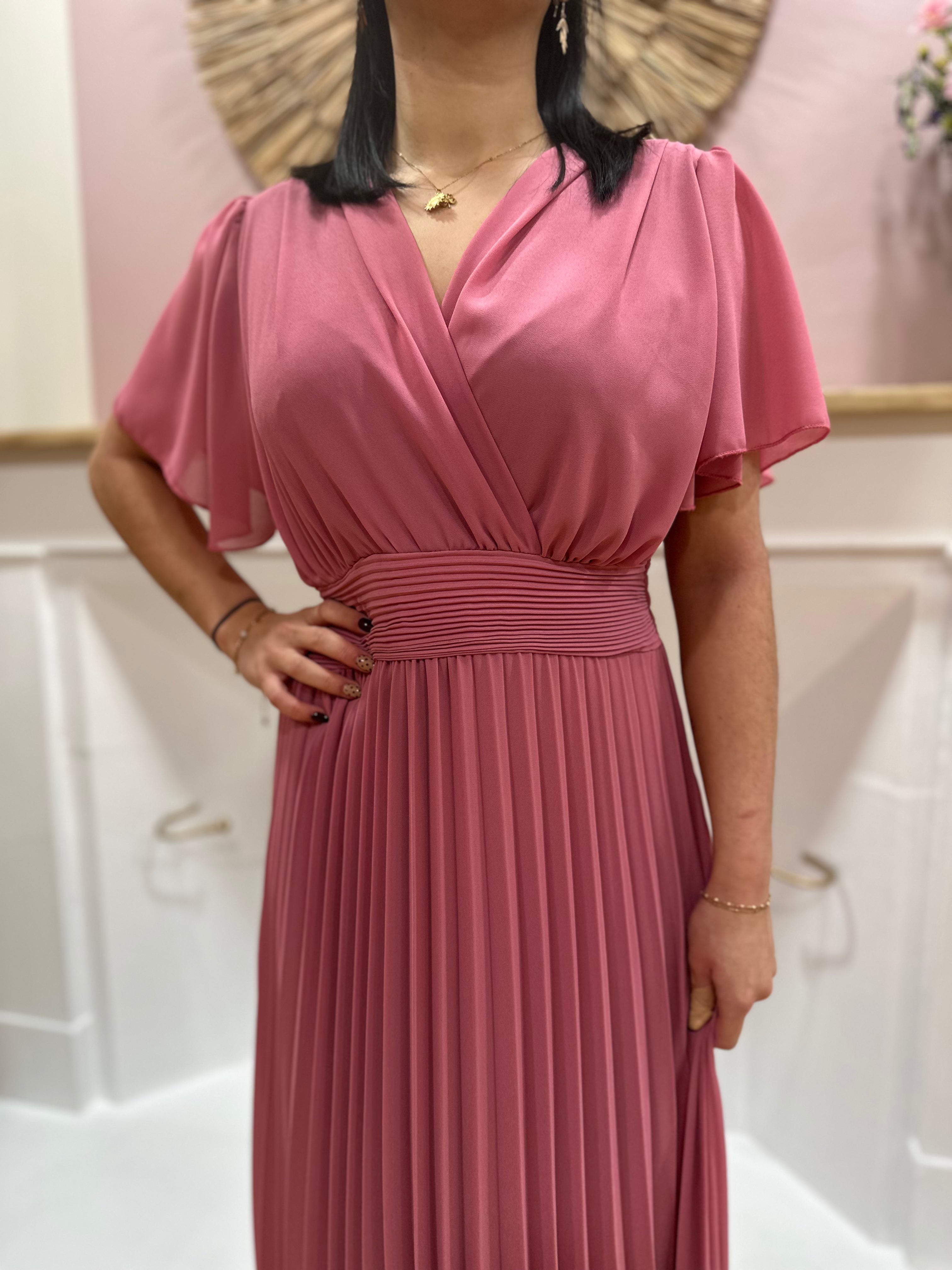 Robe longue rose poudré femme – Manches courtes – Voilage – Décolleté V – Ceinture intégrée – Elle Style – Miss Caprice