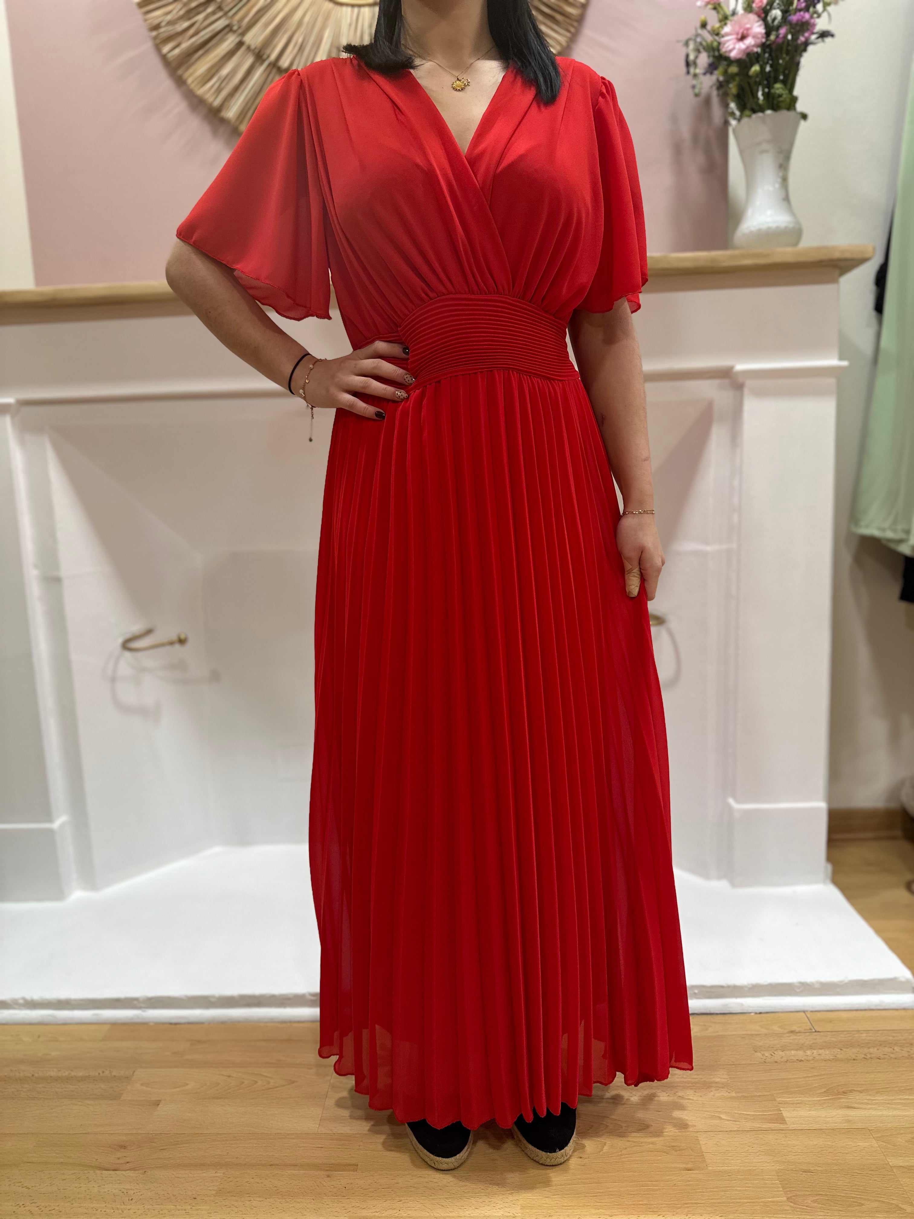 Robe longue rouge femme – Manches courtes – Voilage – Décolleté V – Ceinture intégrée – Elle Style – Miss Caprice