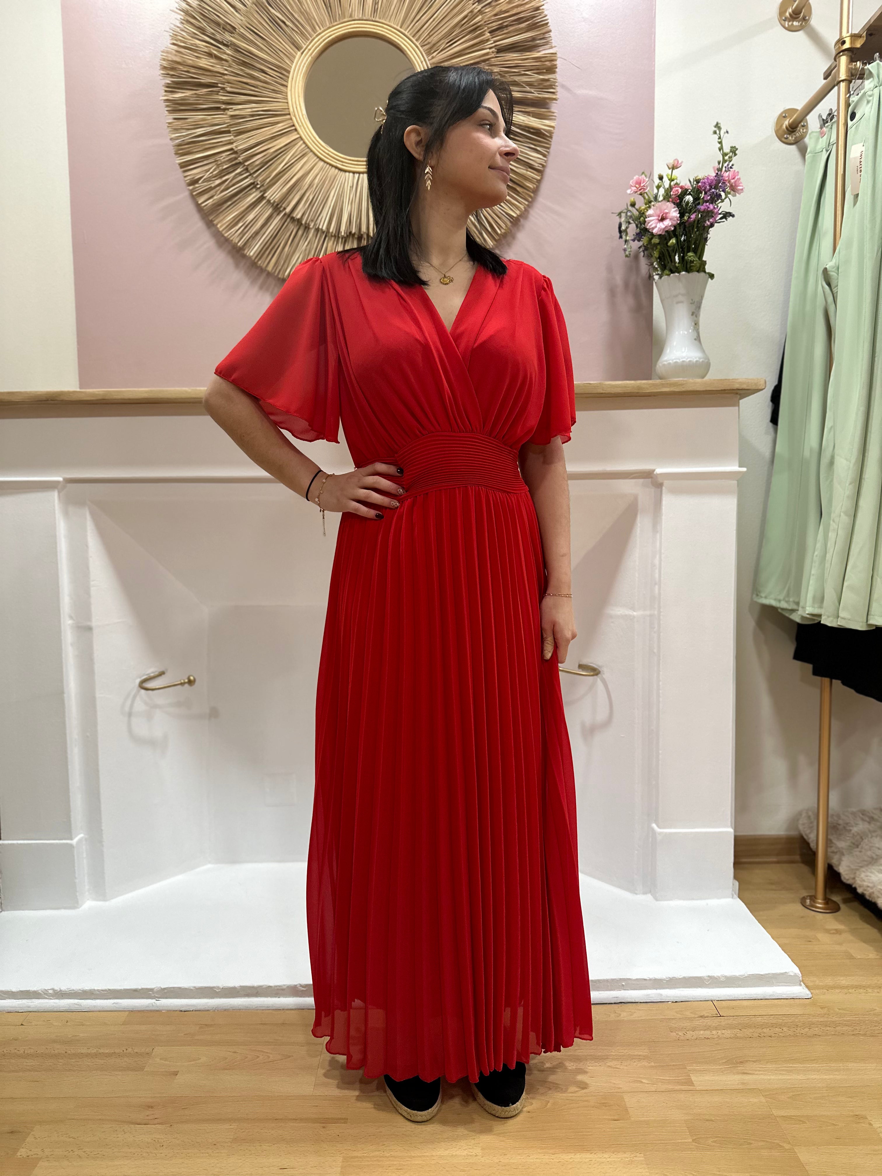 Robe longue rouge femme – Manches courtes – Voilage – Décolleté V – Ceinture intégrée – Elle Style – Miss Caprice