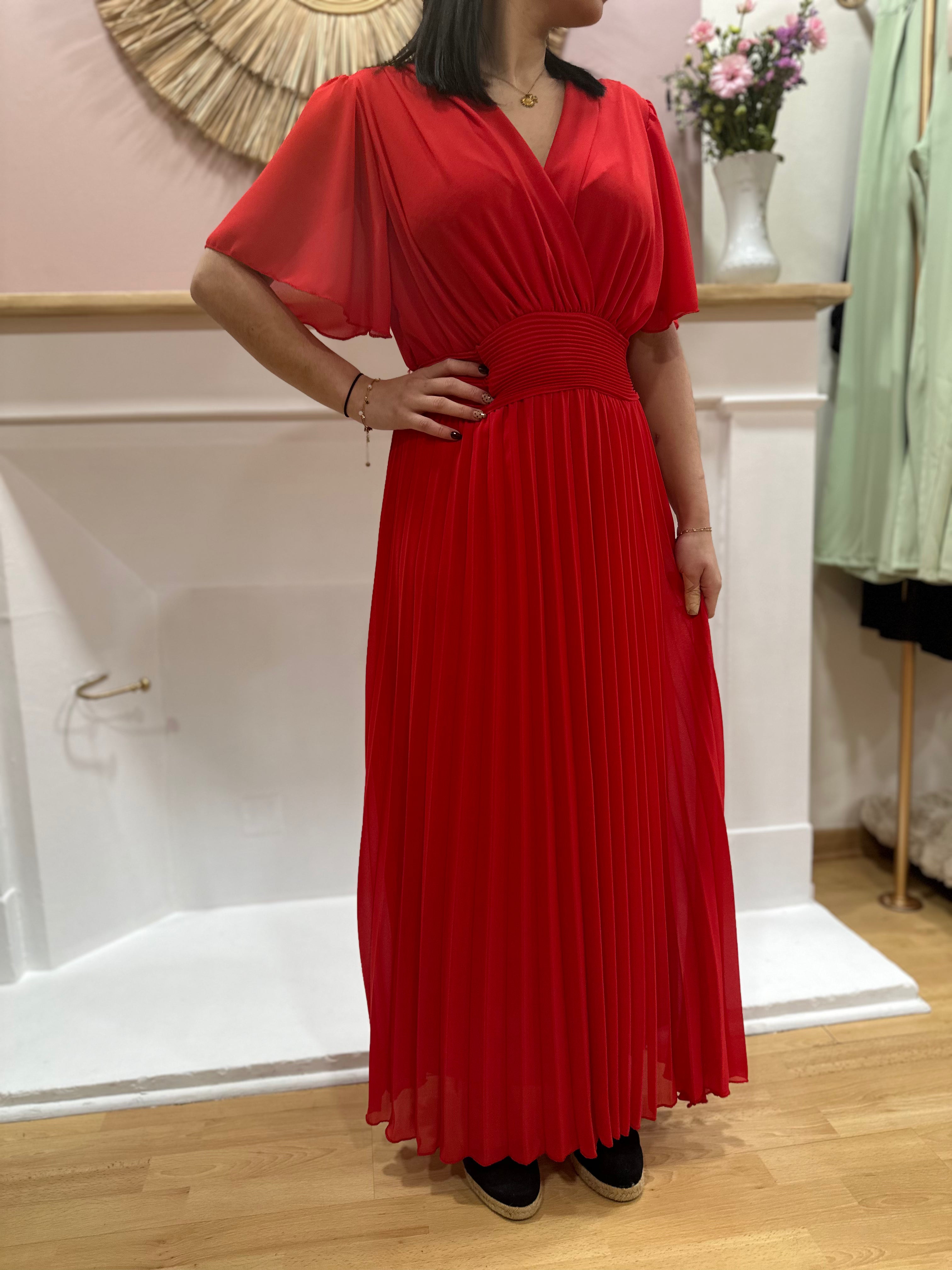 Robe longue rouge femme – Manches courtes – Voilage – Décolleté V – Ceinture intégrée – Elle Style – Miss Caprice