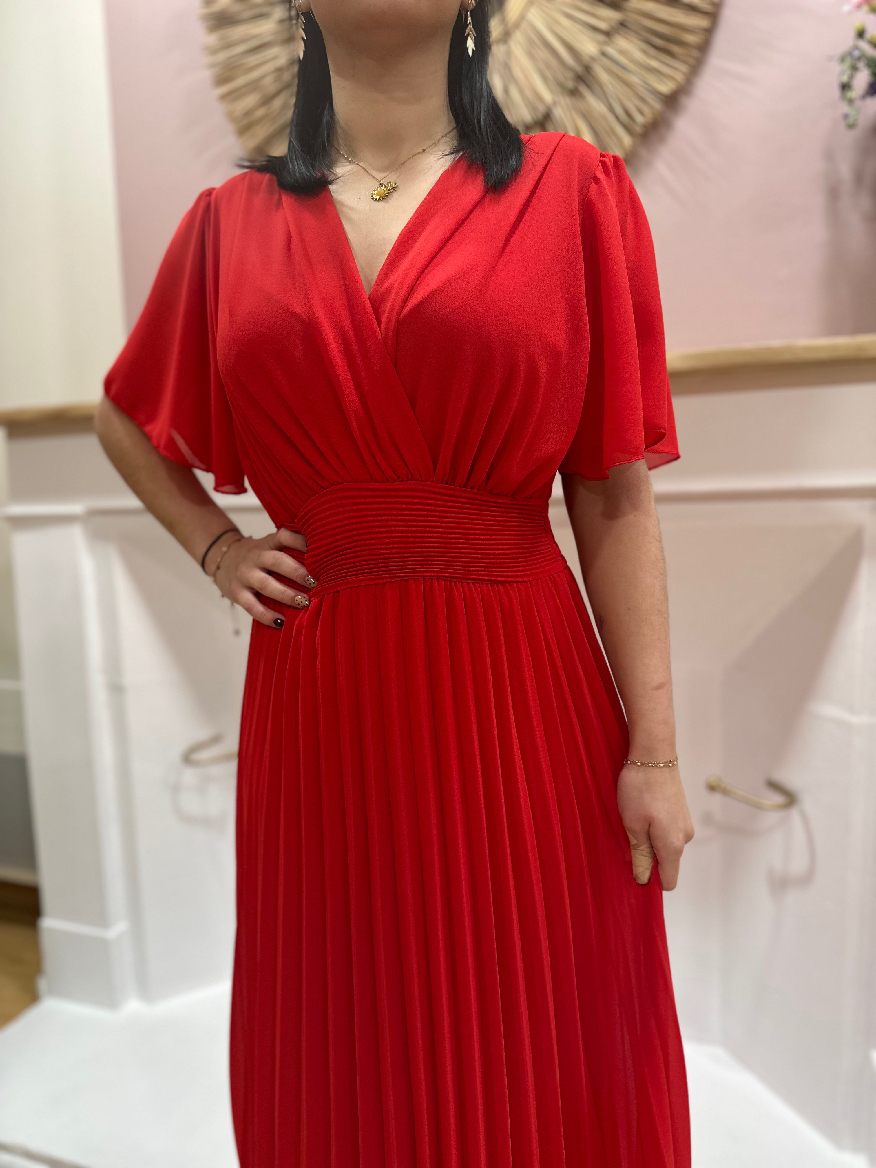 Robe longue rouge femme – Manches courtes – Voilage – Décolleté V – Ceinture intégrée – Elle Style – Miss Caprice