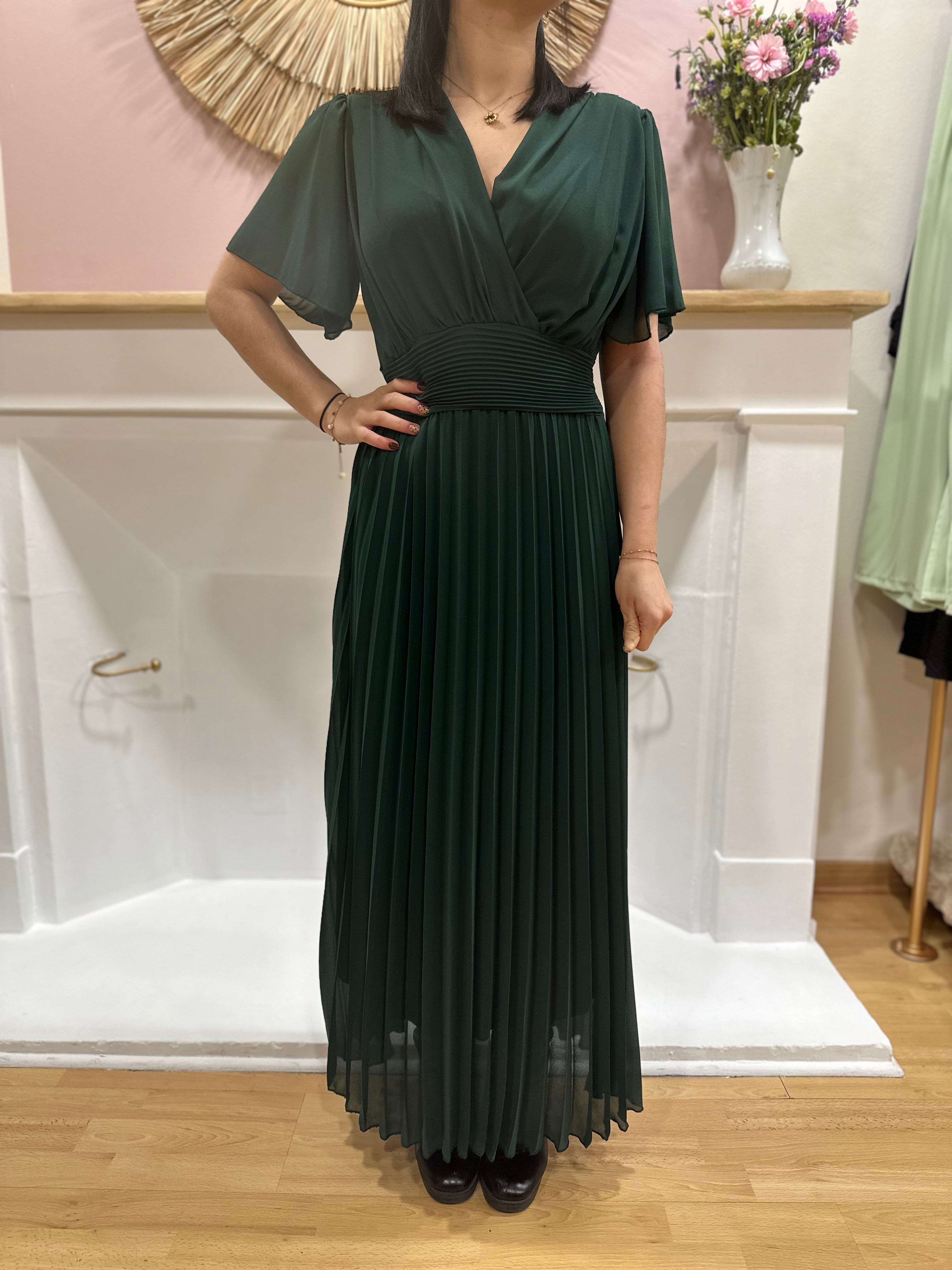 Robe longue vert bouteille femme – Manches courtes – Voilage – Décolleté V – Ceinture intégrée – Elle Style – Miss Caprice