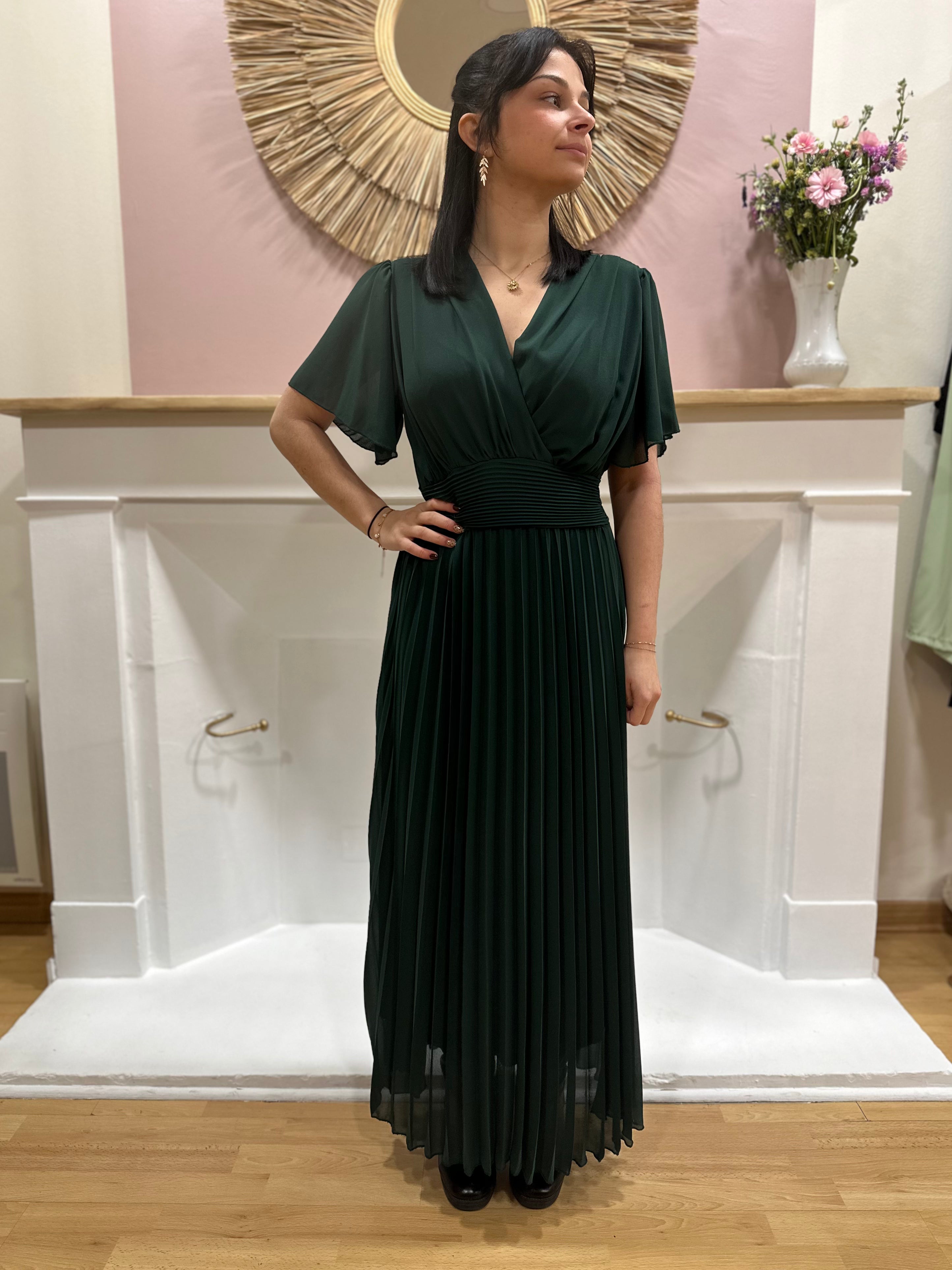 Robe longue vert bouteille femme – Manches courtes – Voilage – Décolleté V – Ceinture intégrée – Elle Style – Miss Caprice