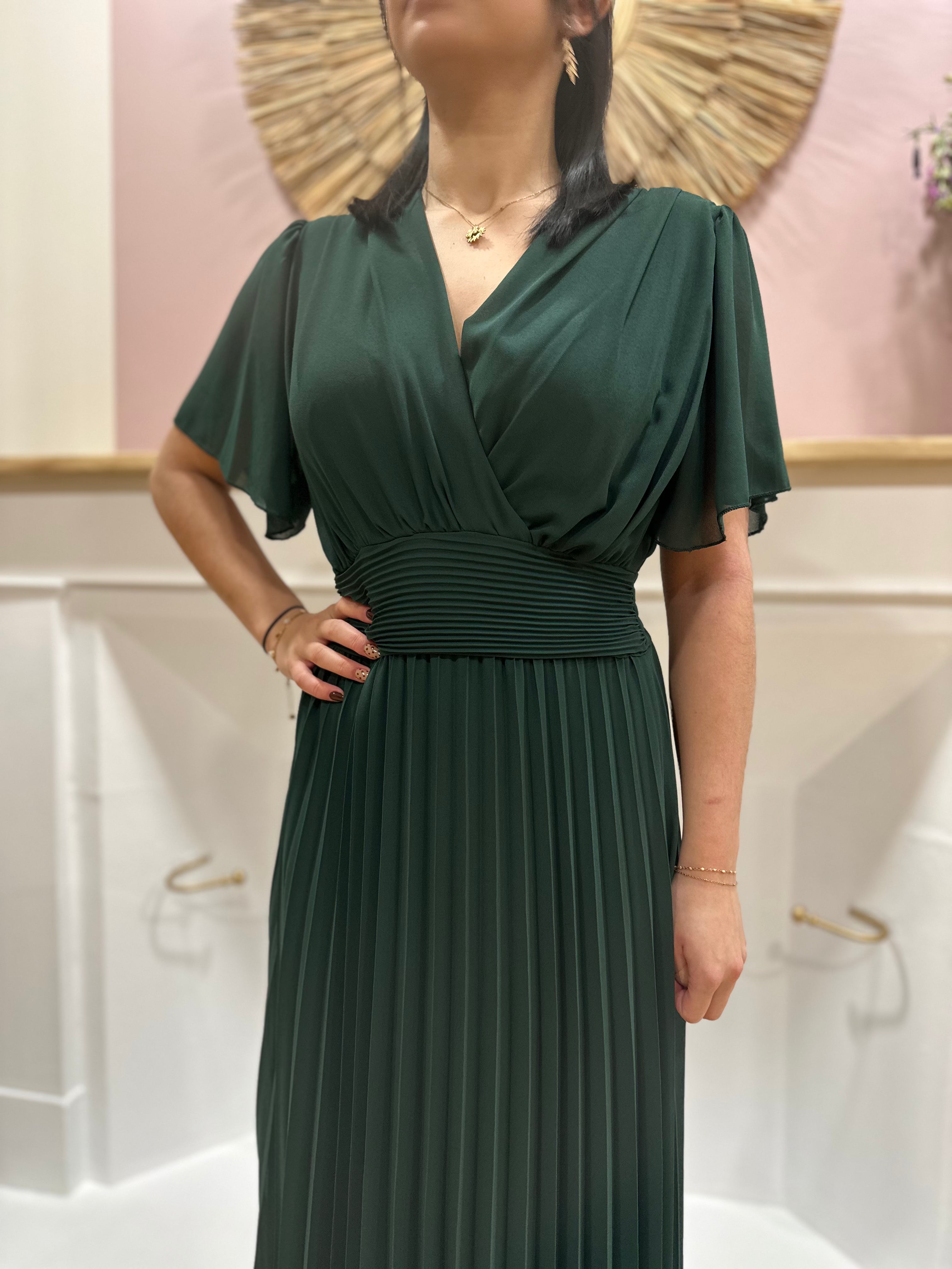 Robe longue vert bouteille femme – Manches courtes – Voilage – Décolleté V – Ceinture intégrée – Elle Style – Miss Caprice