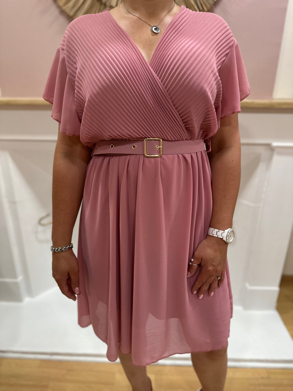 Robe mi-longue vieux rose grande taille femme – Cache-cœur – Mily – Miss Caprice