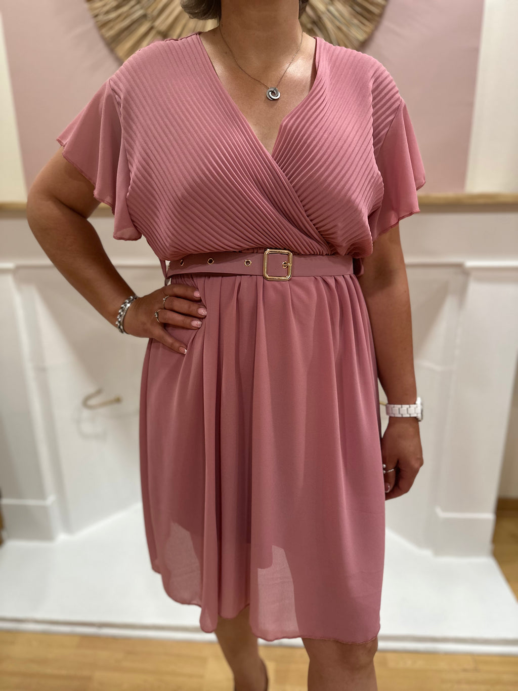Robe mi-longue vieux rose grande taille femme – Cache-cœur – Mily – Miss Caprice