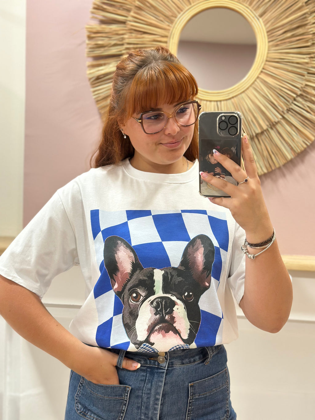 Tee-shirt blanc femme à motif Bouledogue Français noir et blanc – L'Esstiel Made in Italy – Miss Caprice